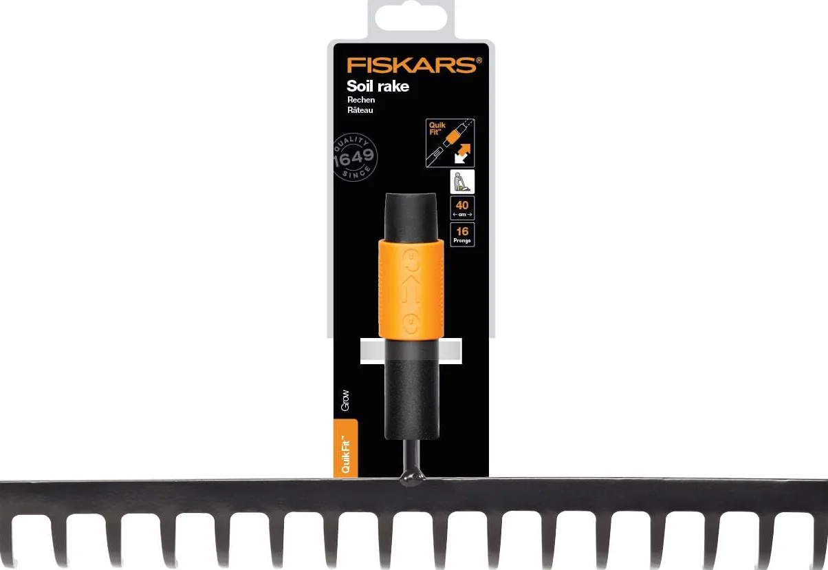Fiskars Grabie 16-zębne, Głowica, Szerokość: 40 cm, Zęby ze stali hartowanej, Czarno-pomarańczowe, QuikFit, 1000654