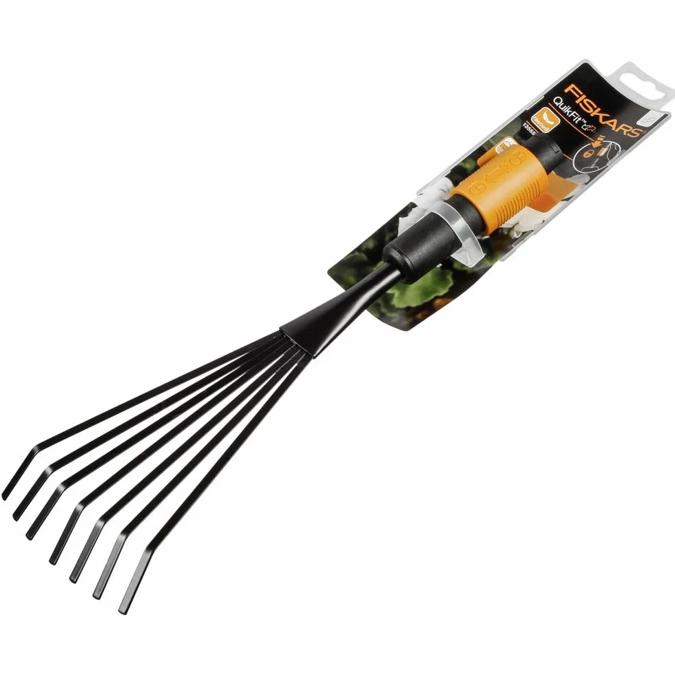 Fiskars małe grabie wachlarzowe, Głowica, z 7 zębami, Szerokość: 12 cm, Stalowe zęby, Czarno-pomarańczowy, QuikFit, 1001412