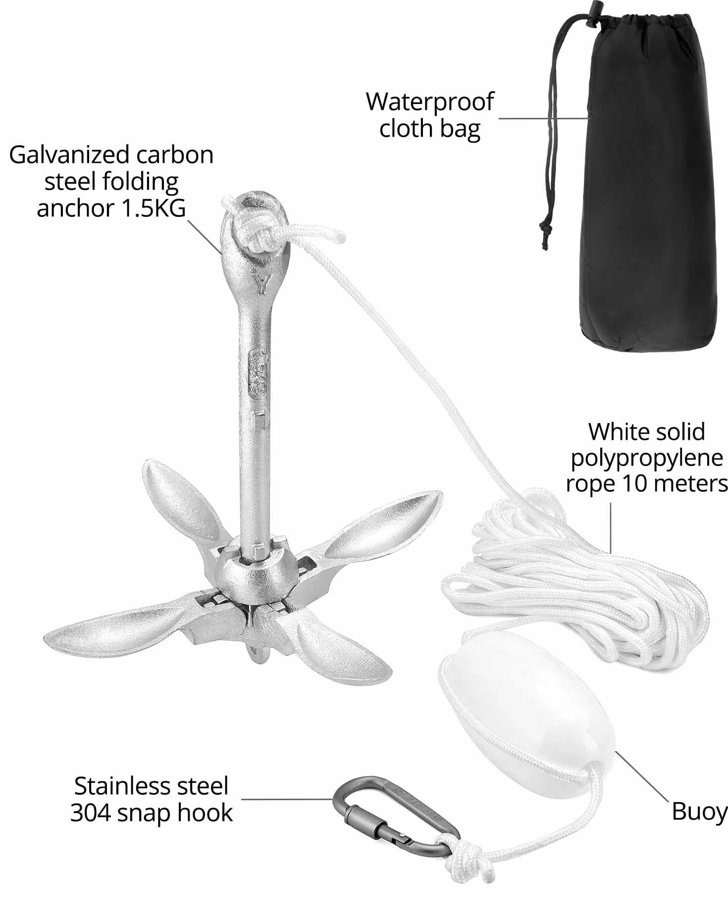 QWORK® Kotwica do łodzi 1.5 kg, składana kotwica, w tym 10-metrowa lina kotwiczna, kula boja i torba do przechowywania, do kajaków, canoe i skuterów wodnych