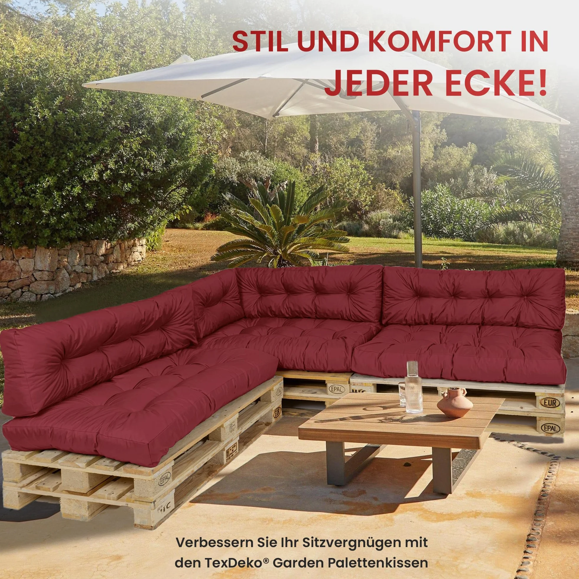 TexDeko® Garden Poduszki na palety 120 x 80 x 18 cm, wodoodporne, odporne na działanie promieni UV, do użytku wewnątrz i na zewnątrz, premium pikowane poduszki na siedzisko, nakładka na palety euro (2