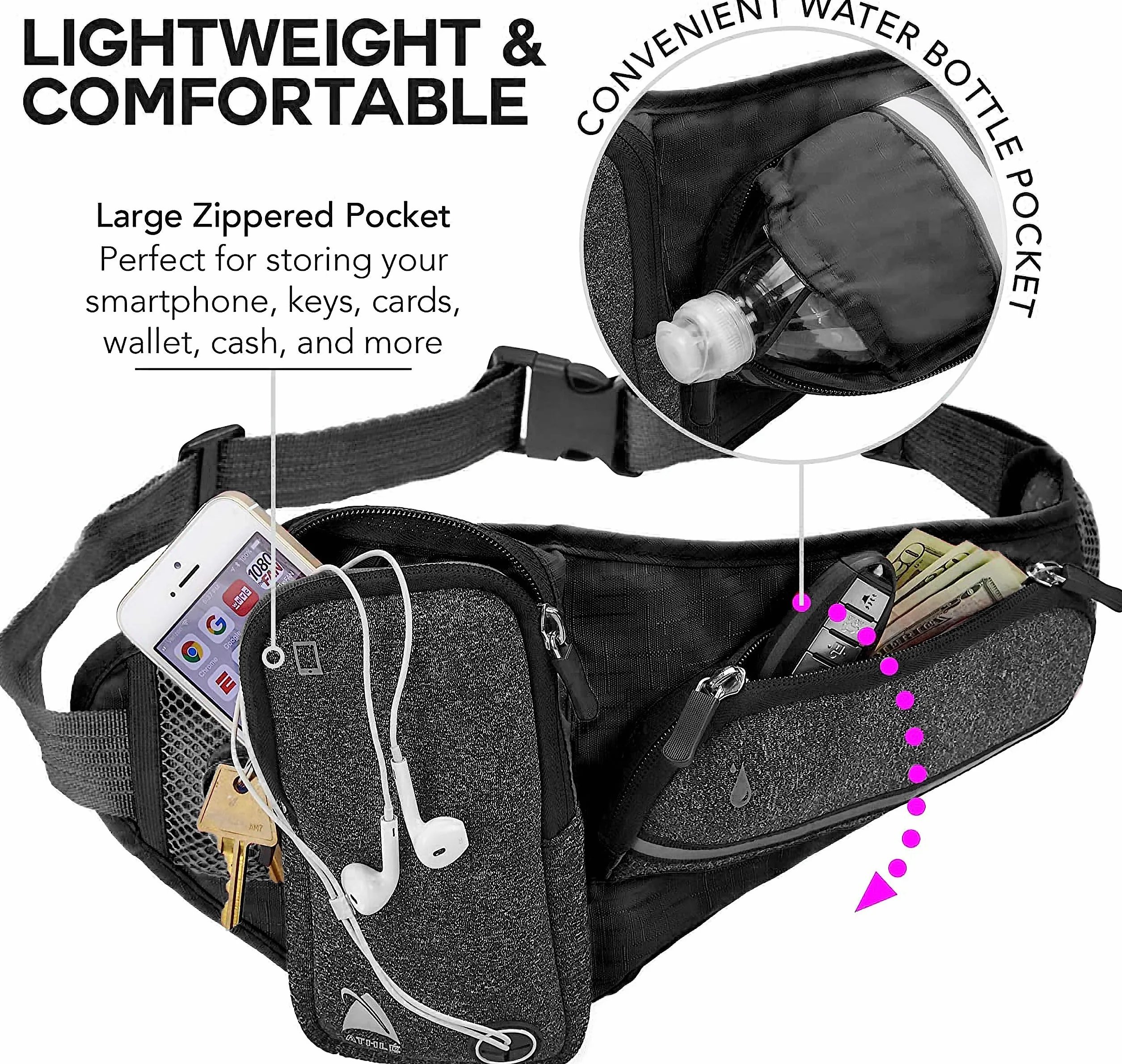Running Belt Water Bottle Pouch Pozioma, duża kieszeń Fanny Pack Nadaje się do większości telefonów i portfeli, regulowany pasek w pasie jeden rozmiar, breloczek do kluczy, odblaskowy 360 czarny