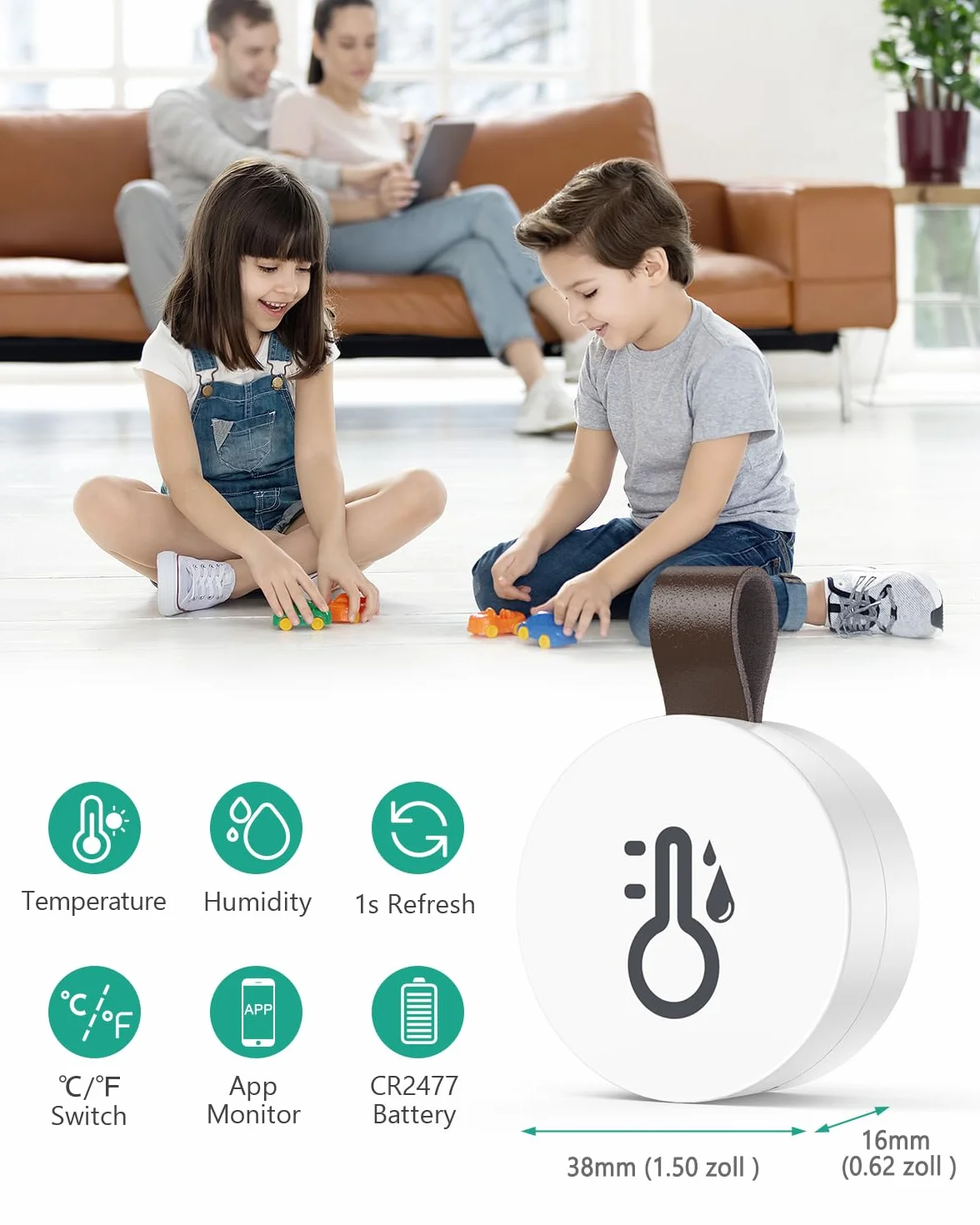 ORIA Termometr Bluetooth, higrometr, mini wewnętrzny czujnik temperatury z aplikacją, eksport danych, kompatybilny z systemem iOS / Android, do salonu, pokoju dziecięcego, domu
