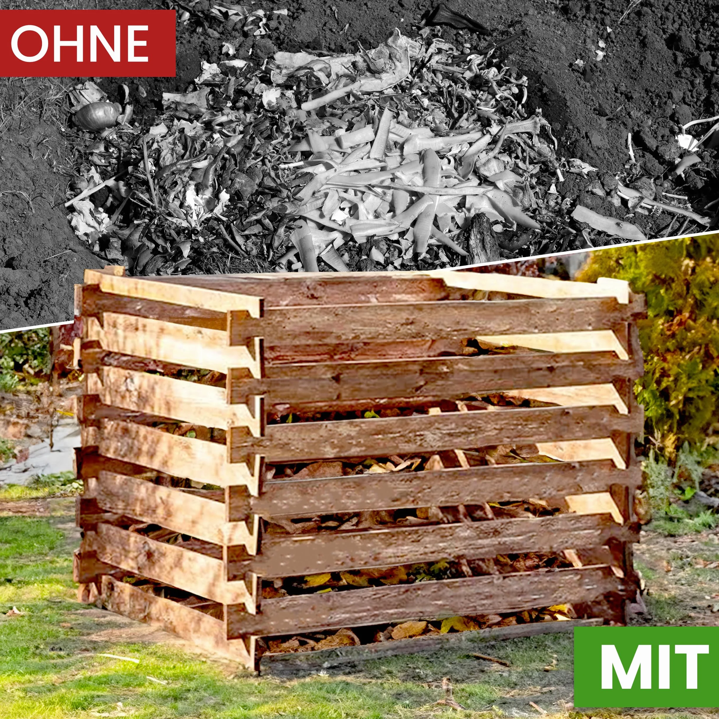 Drewniany kompostownik z sosny brązowej od Gartenwelt Riegelsberger, impregnowany ciśnieniowo, z drewnianym systemem wtykowym, wymiary 120 x 120 cm, wysokość 70 cm