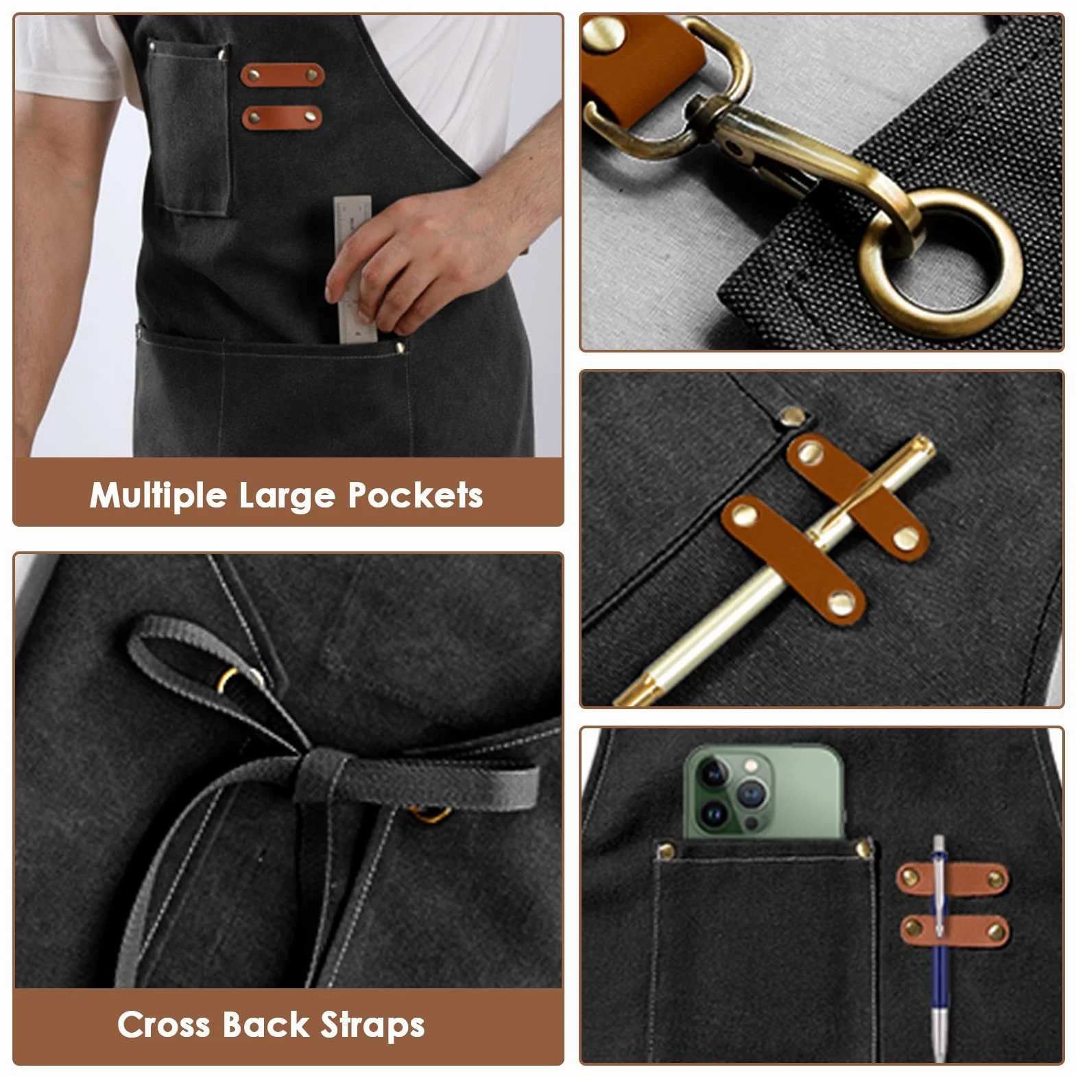BOOWEN Męski fartuch kuchenny płócienny fartuch z 3 kieszeniami wodoodporny i regulowany Apron do grilla, restauracji, ogrodu, stolarza, 76 x 68 cm