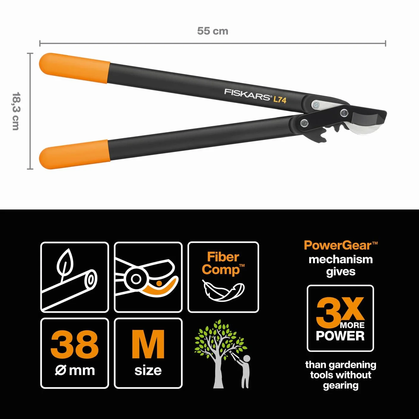 Fiskars Powergear Sekator, Czarny, L74 (Średnica gałęzi Ø 3,8 cm)