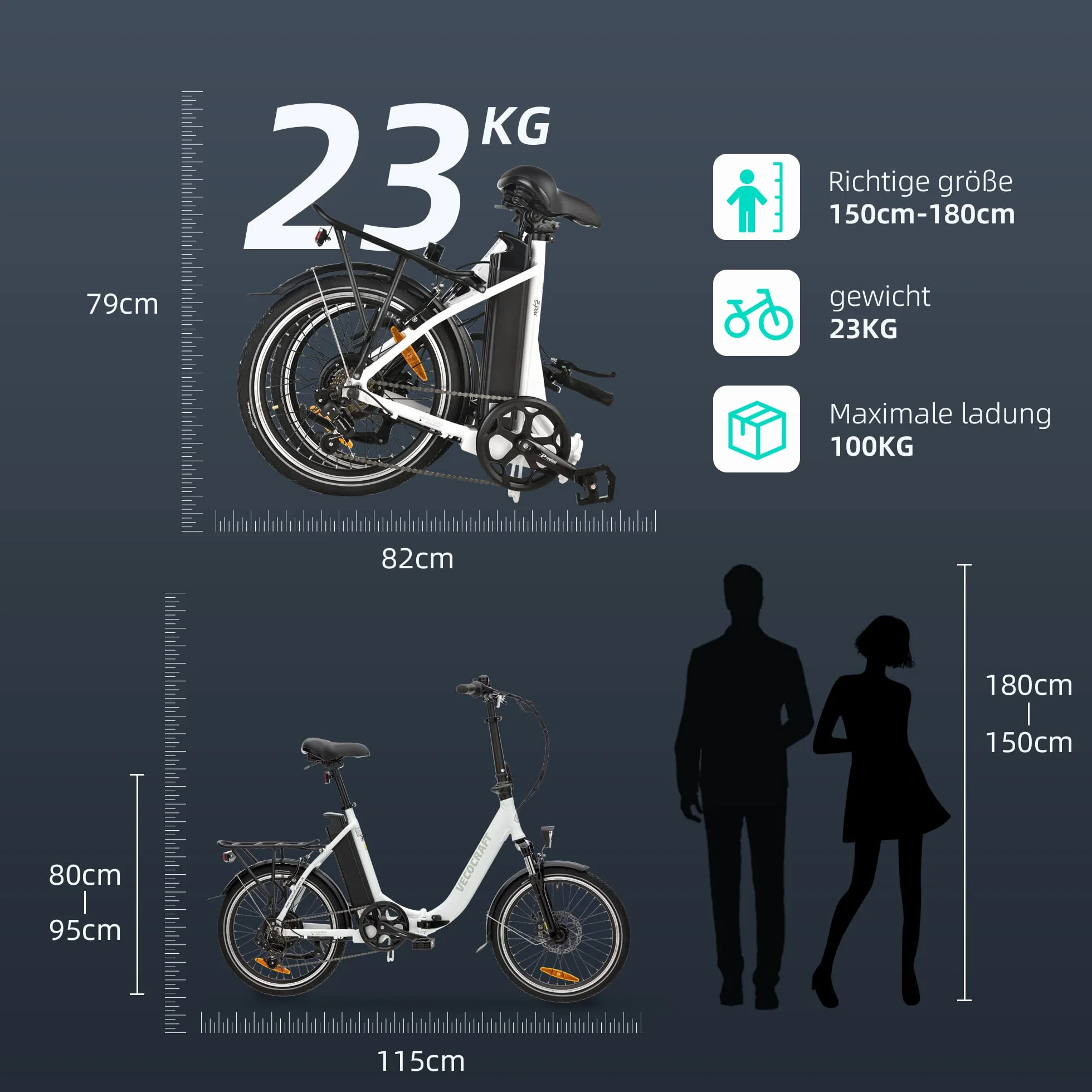 VecoCraft E-Pax e-Bike damski rower składany 20 cali, z wyjmowanym akumulatorem 36 V, 13 Ah, zasięg do 55-95 km, silnik tylny 250 W, Shimano 7-biegowy rower elektryczny