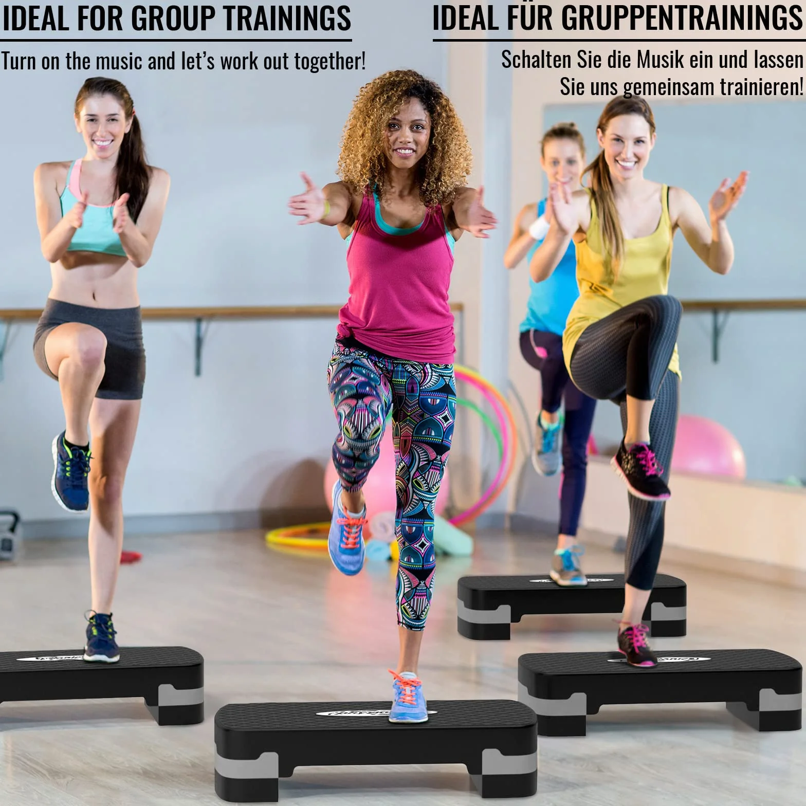 Deska do aerobiku Physionics® - 3poziomy(10/15/20cm),regulacja wysokości, antypoślizgowa gumowa osłona, maks. 200kg - Stepper fitness, Stepboard, Bench, Bench, Cardio do ćwiczeń w domu