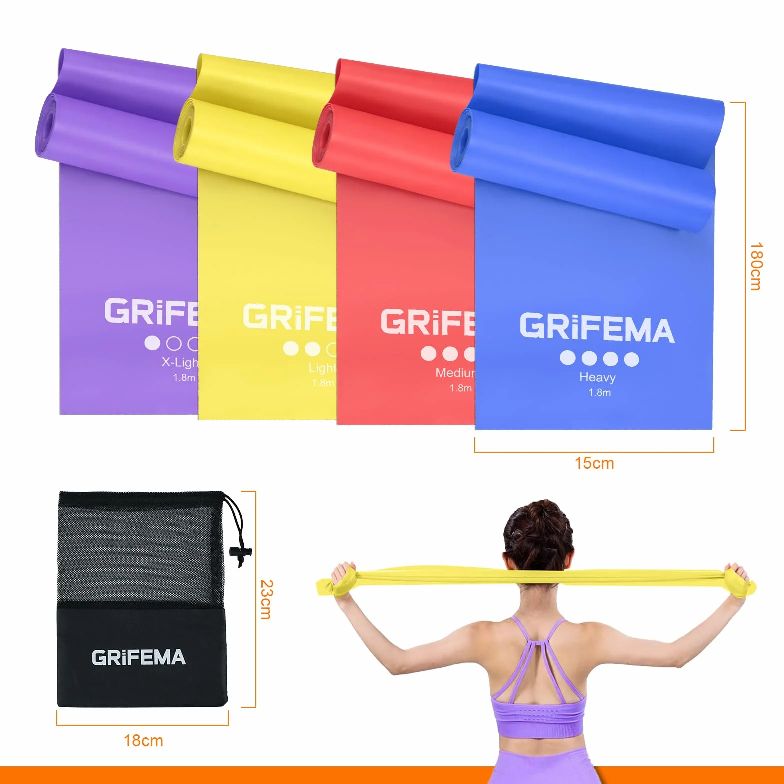 GRIFEMA GA5002 Gumowe Taśmy Fitness [Zestaw 4] 1,8M, Taśmy Oporowe z 4 Poziomami Oporu do Treningu Siłowego, Jogi, Pilates