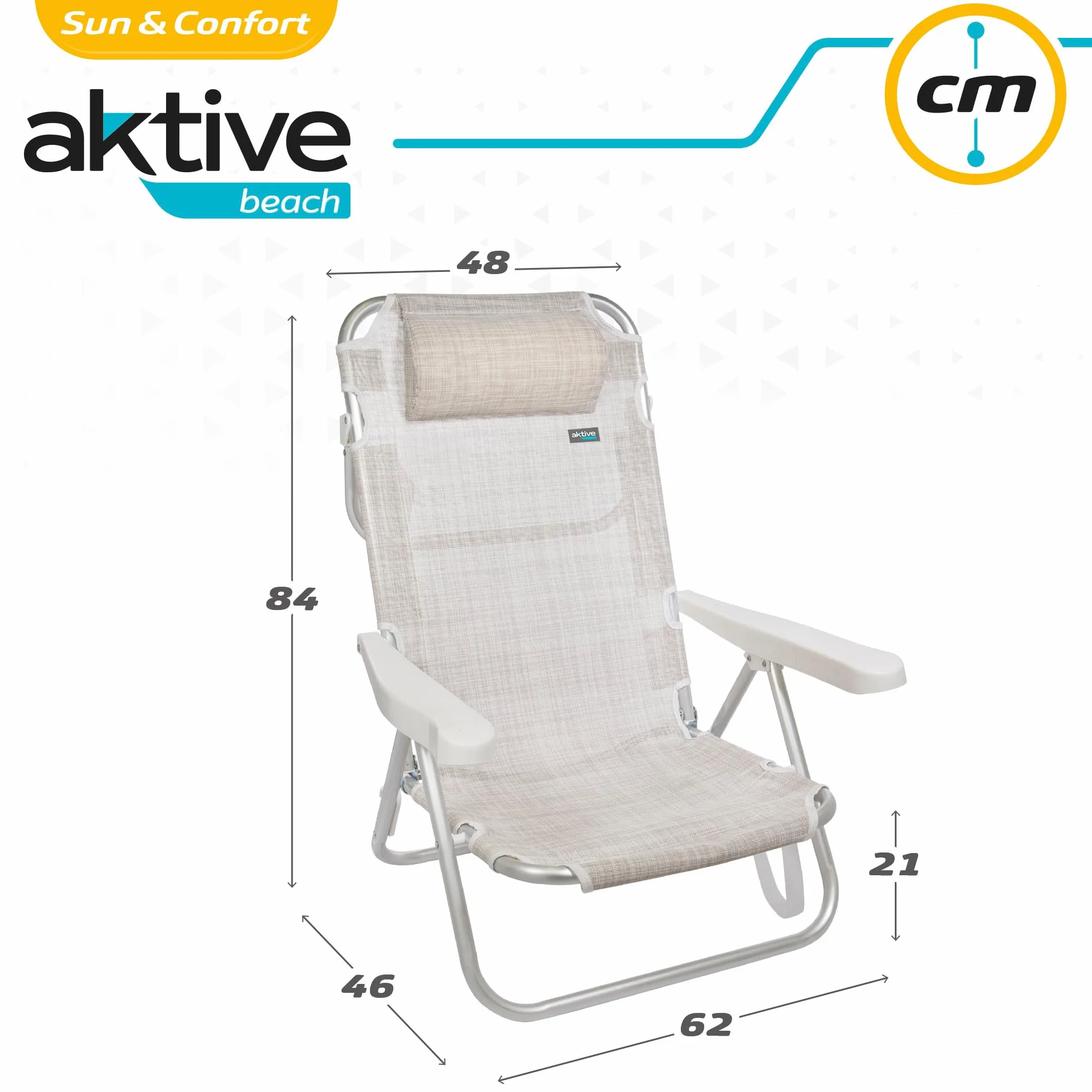 Aktive 62254-2-pak wielopozycyjnych składanych krzeseł, na plażę, do ogrodu, na taras lub kemping, 5 różnych pozycji, wysokość 21 cm, wymiary 48 x 45,5 x 84 cm, wzmocniony uchwyt do noszenia