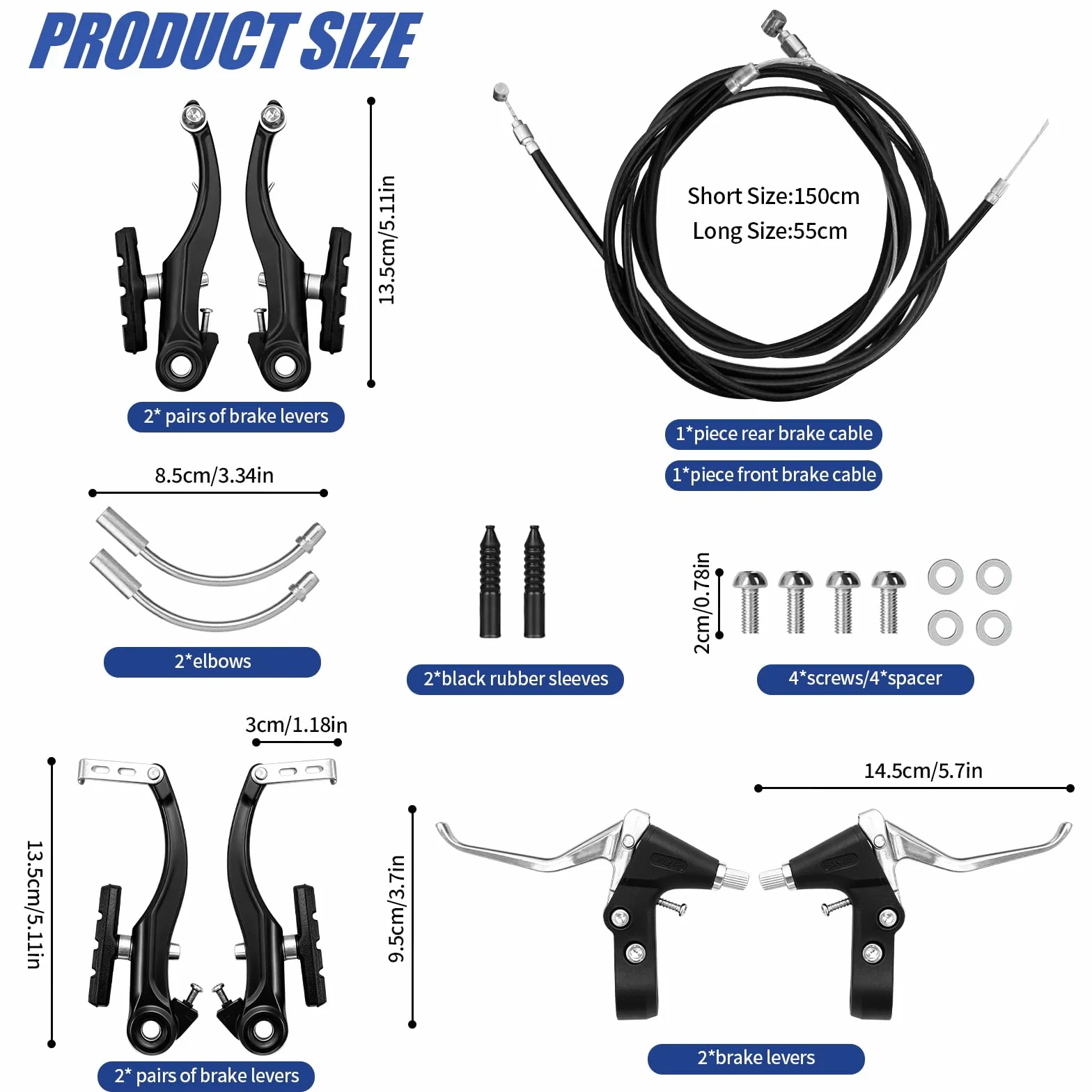 Zestaw 2 hamulców rowerowych – zestaw hamulców V-Brake z dźwignią hamulca i linkami hamulcowymi, stop aluminium, przednia linka hamulcowa ok. 72 cm, z tyłu ok. 175 cm, do rowerów górskich