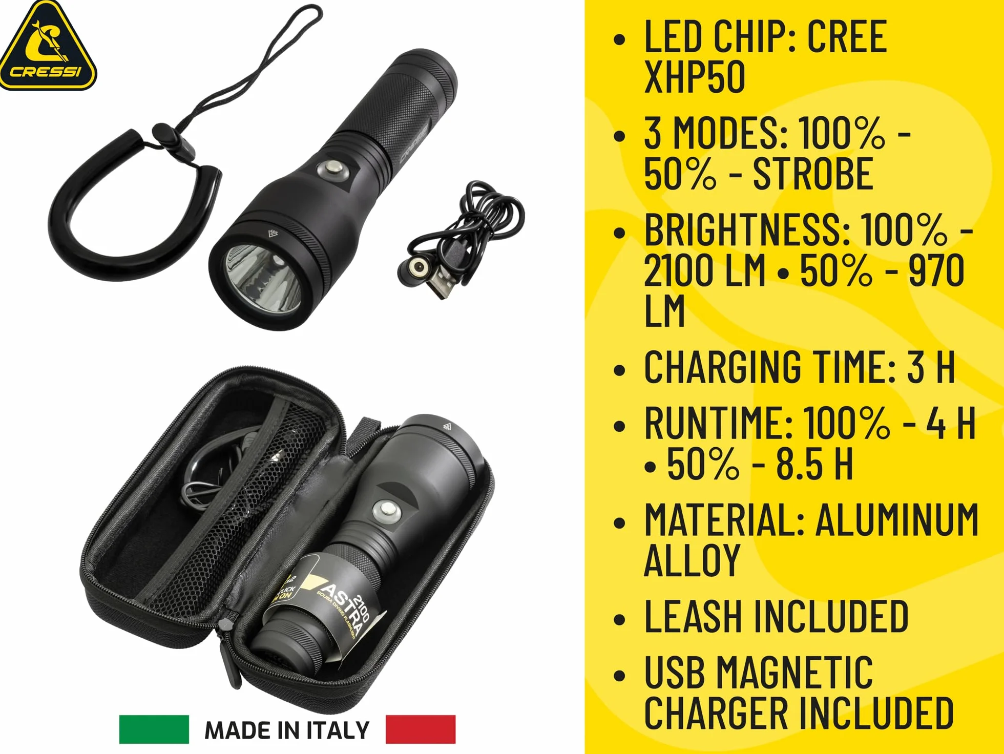 CRESSI Astra 2100 latarka podwodna LED 2100 lumenów wodoodporna IPX8 100 m czarna