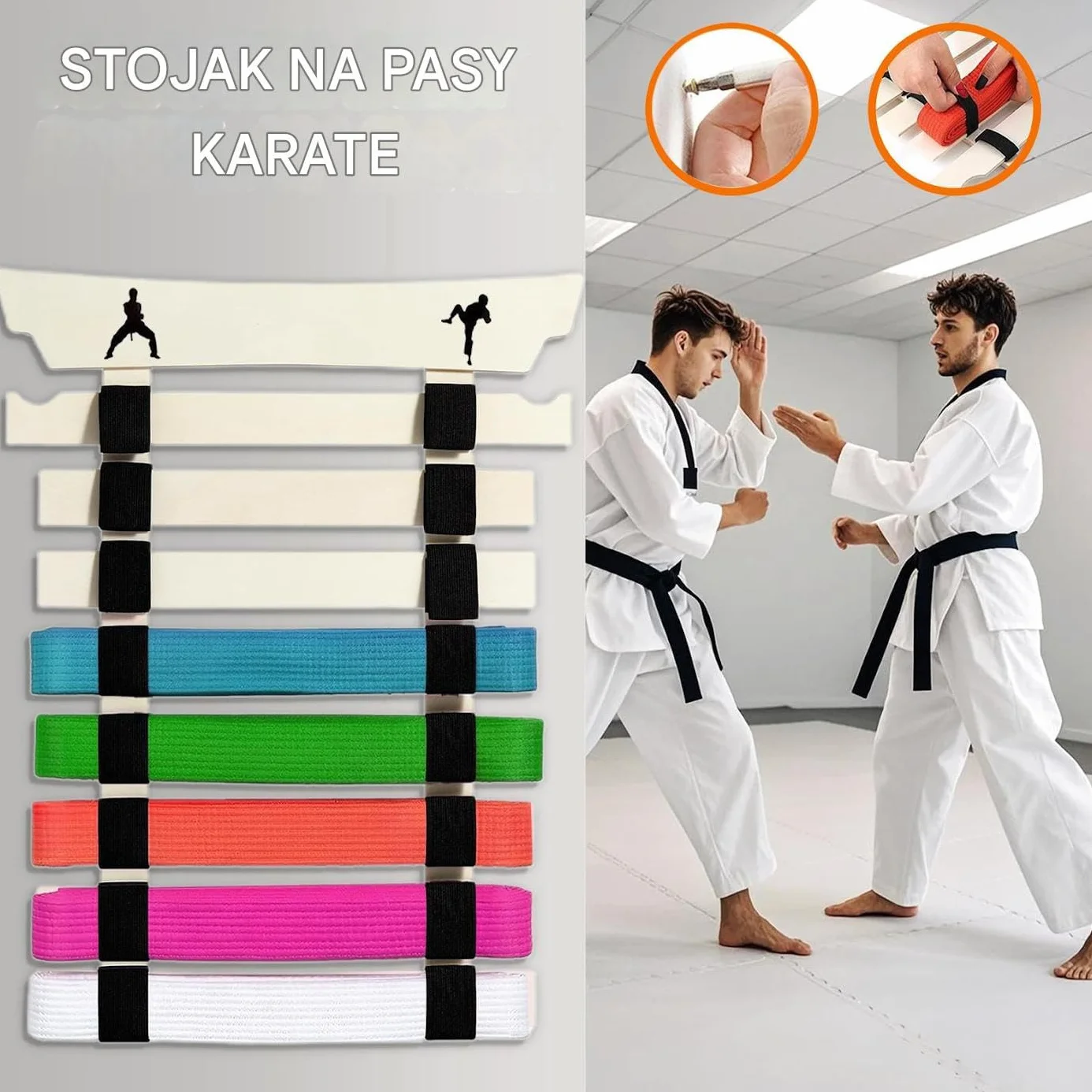 Stojak Na Pasy Karate - Stojak do Eksponowania Pasów Sztuk Walki z Wieszakiem i Naklejkami - Bez Montażu Na Sprzęt Sportowy Dla Dzieci I Dorosłych