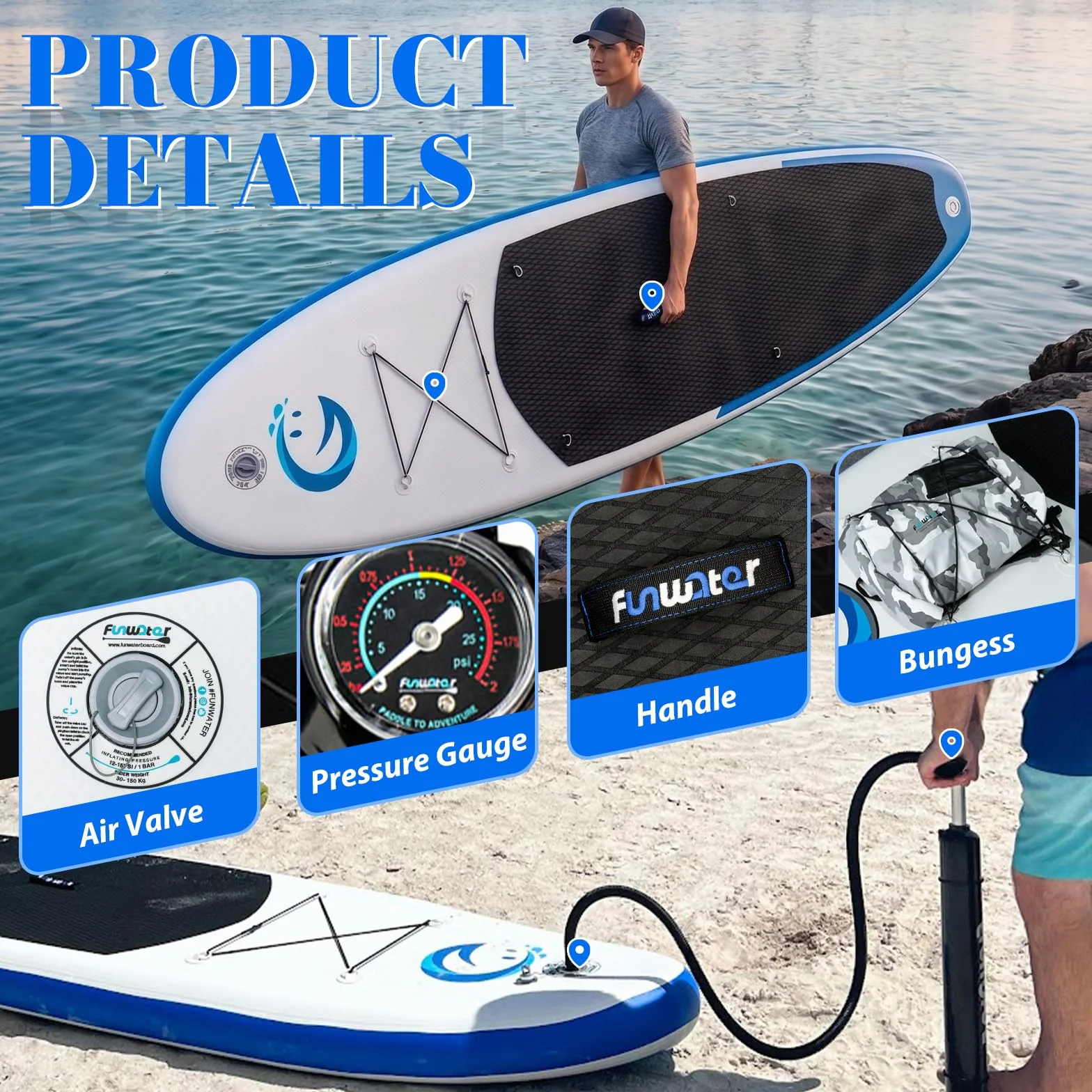 FunWater 10'6"-11'6" SUP Deska, nadmuchiwana deska do paddleboard dla wszystkich poziomów, idealna dla początkujących i rodzin, z antypoślizgowym pokładem EVA, wiosłem, pompką i pełnym wyposażeniem