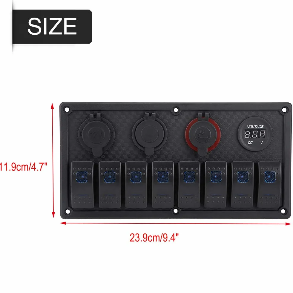 KIMISS 8-gangowy panel przełączników LED 12V/24V z woltomierzem, dual USB i gniazdem zapalniczki