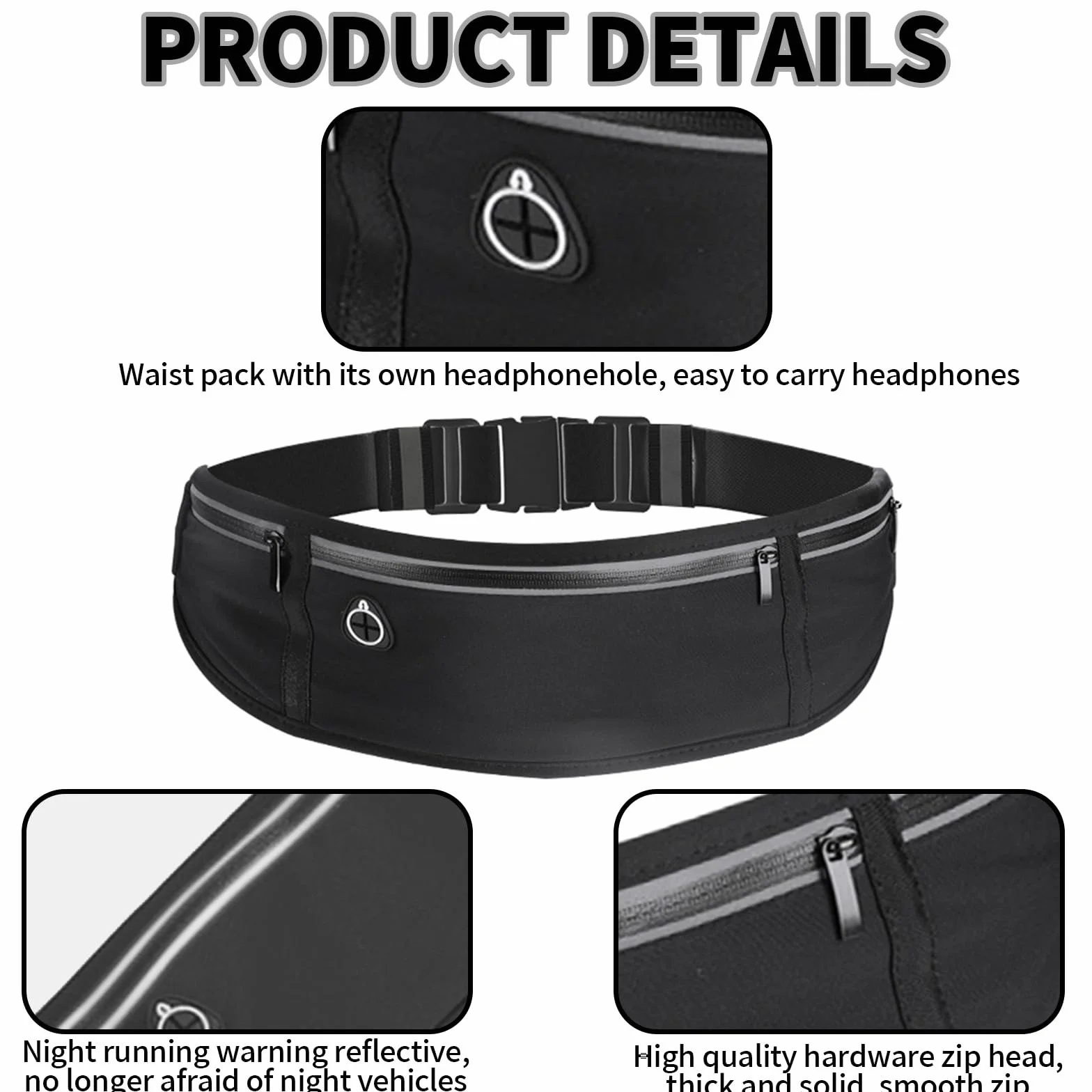 Torba do biegania unisex z uchwytem na telefon, trzy kieszenie, regulowana klamra