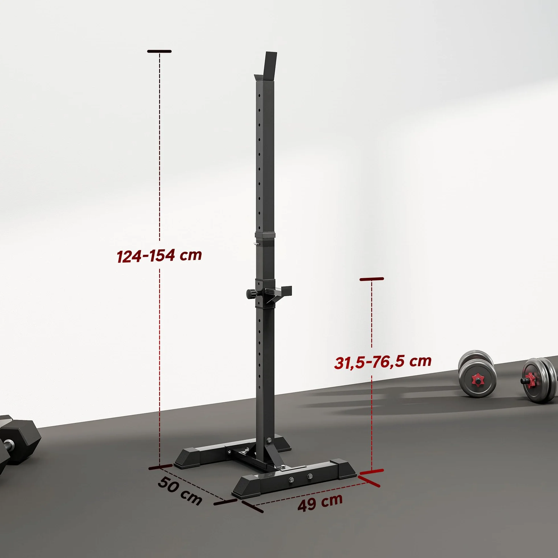 HOMCOM Stojak na hantle, zestaw 2 szt., stojak na długie hantle z regulacją wysokości, sztanga długa z gumowymi nakładkami, 105-160 cm, trening siłowy, do 150 kg, stal