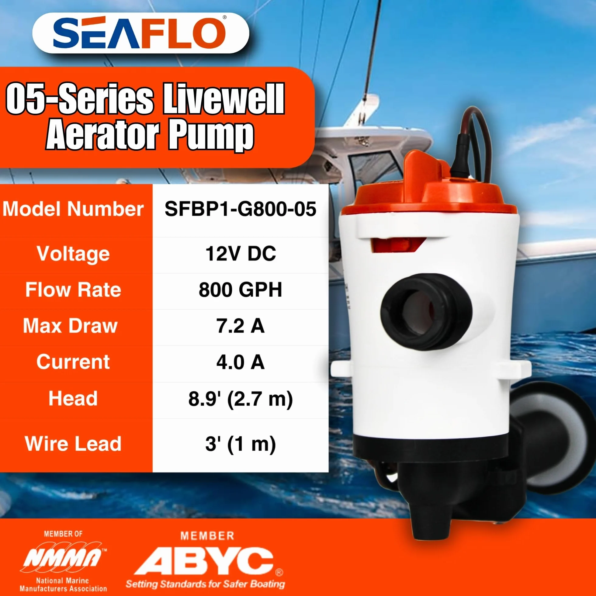 SEAFLO Kątowa pompa Baitwell/Livewell serii 05 800 GPH 12V DC zanurzalny napowietrzacz