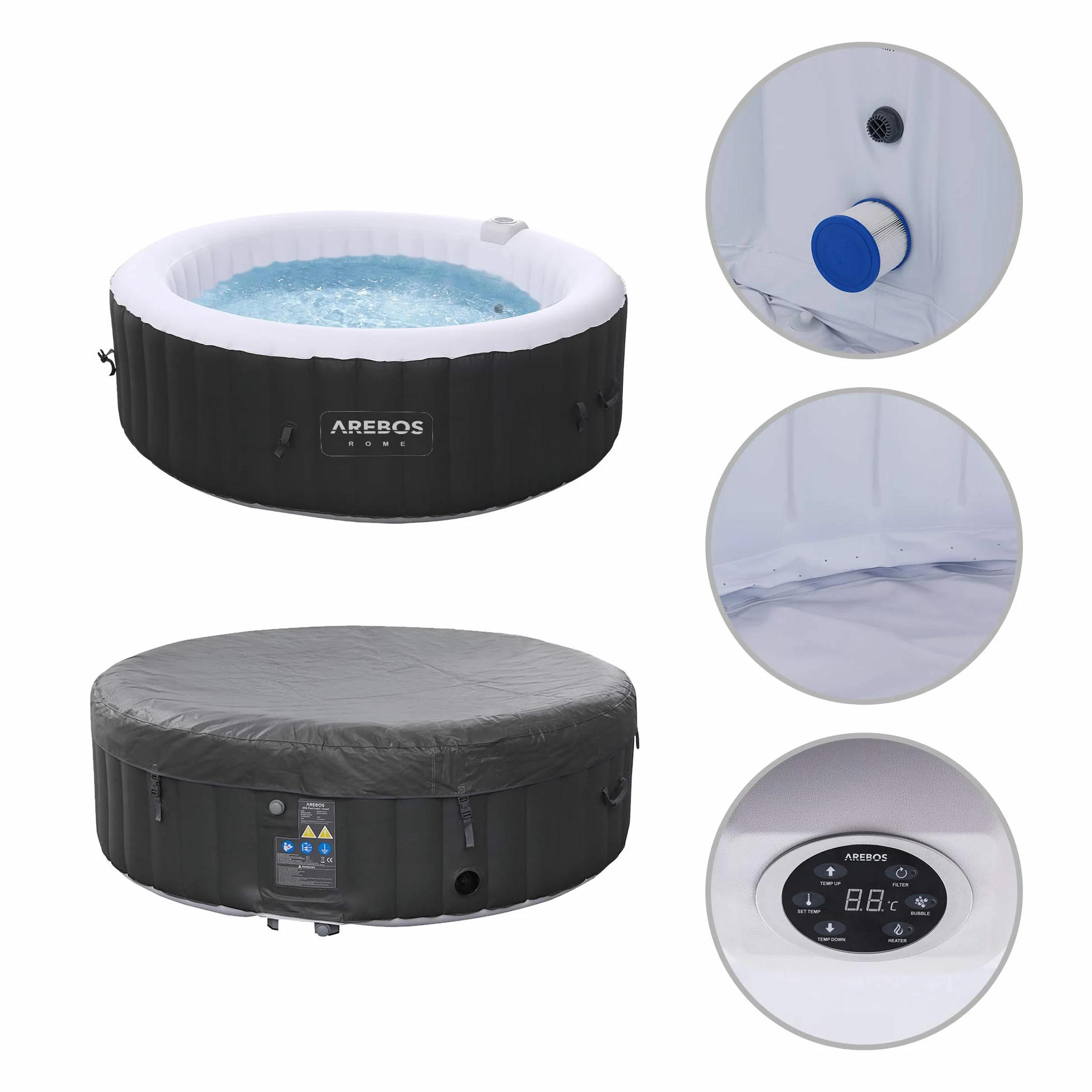 Arebos Nadmuchiwane Spa | do wnętrz i na zewnątrz | 6 osób | 208 cm | Okrągły | 130 dysz masujących | 1000 litrów | z ogrzewaniem | Spa i dobre samopoczucie