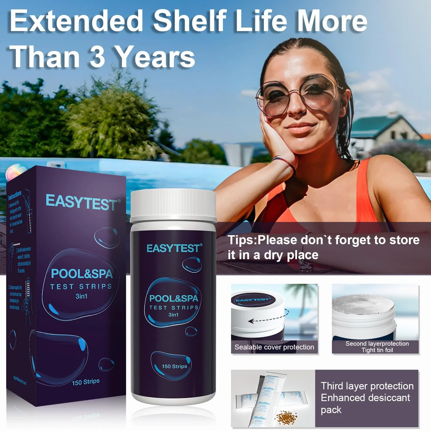 EASYTEST Paski testowe do wanny z hydromasażem, 150 pasków, test basenowy i spa na pH, całkowitą zasadowość, wolny chlor i brom, dokładny zestaw do testowania wody w basenie 3 w 1