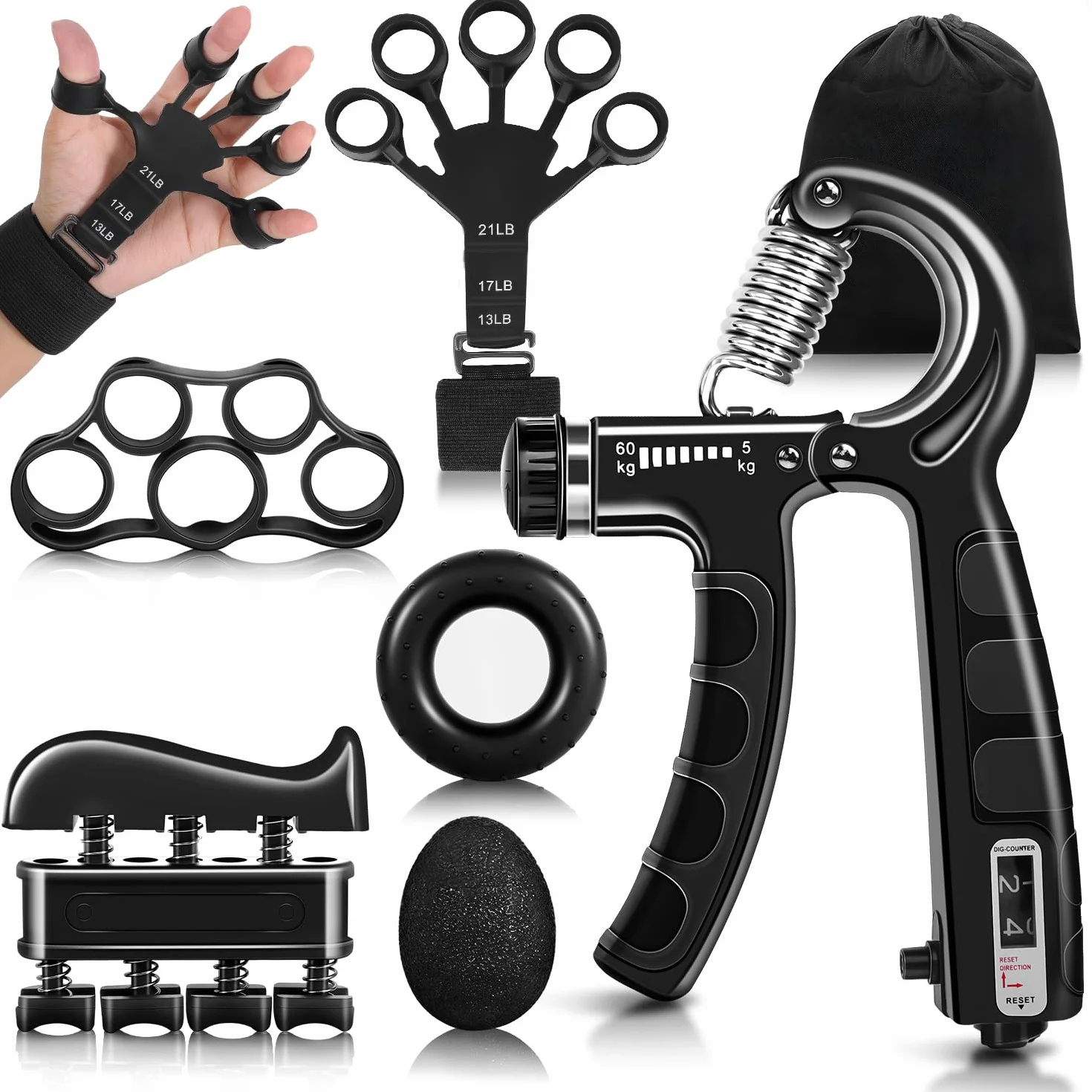 flintronic Zestaw do treningu rąk, trener przedramion z wbudowaną funkcją liczenia, regulowany opór 5-60 kg, trener palców do fitnessu, wspinaczki, treningu siłowego, rehabilitacji dłoni