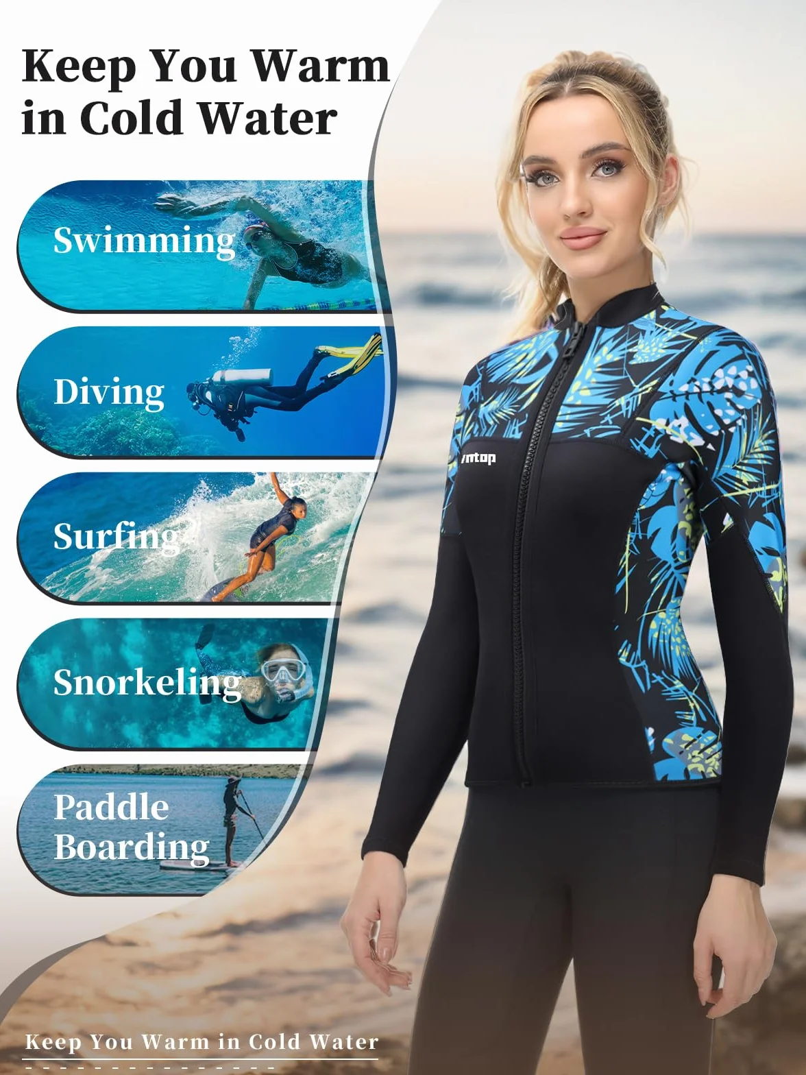 Owntop Kurtka z Mokradła dla Mężczyzn/Kobiet - 2mm Neoprenowa Wetsuit Top z Długim Rękawem z Przodu na Zamek do Nurkowania Surfingu Snorkelingu Pływania