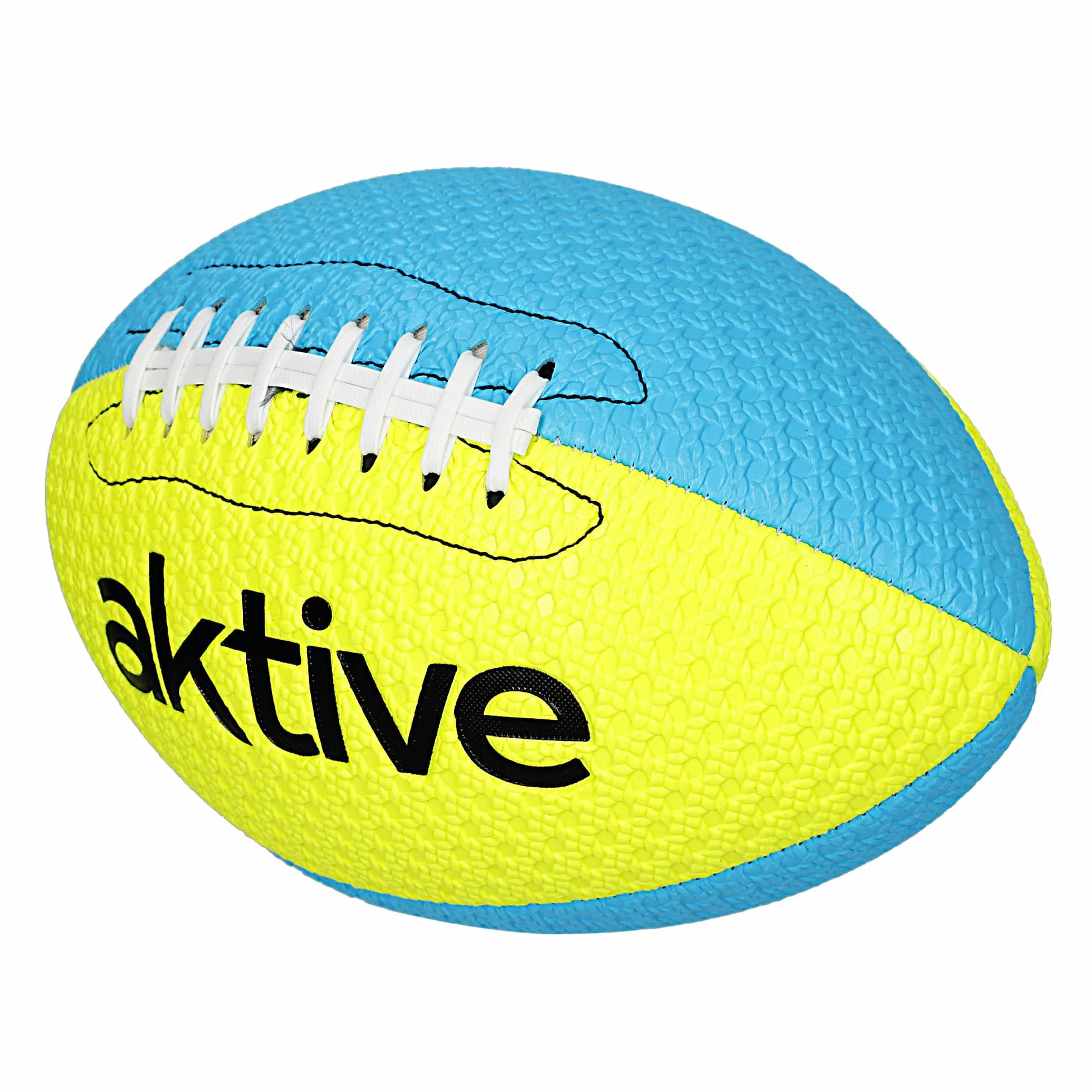 AKTIVE Piłka do rugby PVC, średnica 22 cm, rozmiar 5, kolor fosforynowy żółty i niebieski, wytrzymały i trwały, łatwy chwyt, optymalny do treningu na świeżym powietrzu, sportu, piłki, piłki (54209)