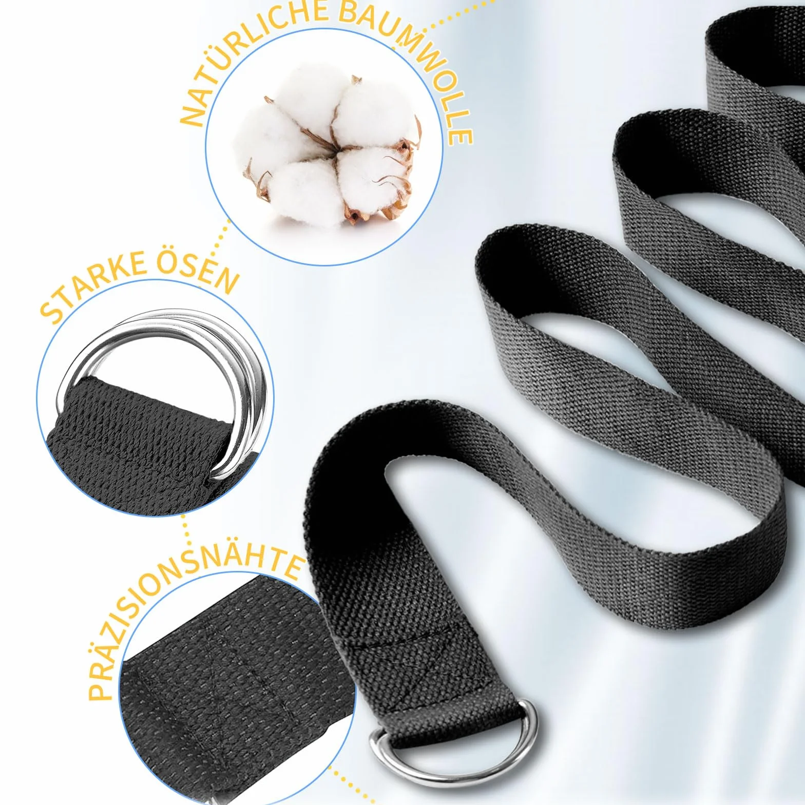 FlyWave Pas do jogi bawełniany z metalowym pierścieniem D – wielofunkcyjny pasek fitness