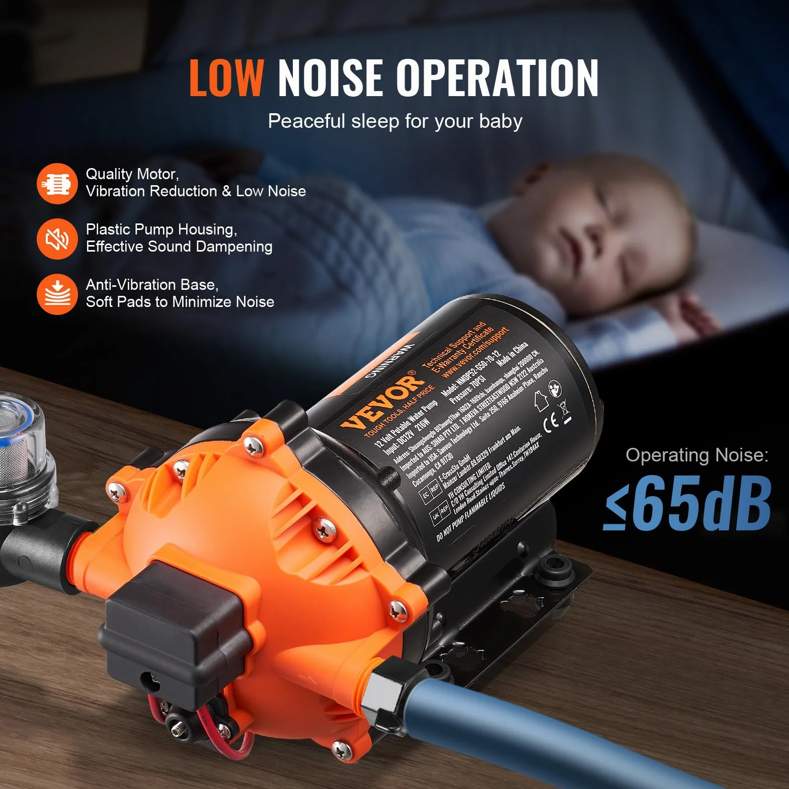 VEVOR Pompa membranowa 12 V, 5 GPM 18,93 l/min, 5-komorowa pompa wodna 12 V DC z automatycznym wyłącznikiem ciśnienia 40 – 100 PSI, 70 PSI, port MNPT do kamperów, jachtów, kamperów, kamperów, łodzi