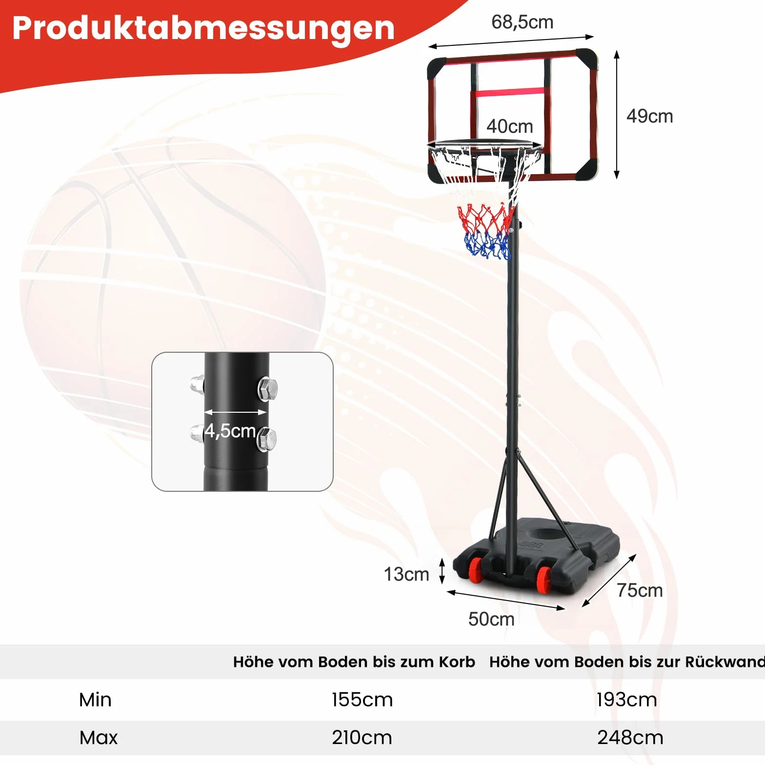 COSTWAY Kosz do koszykówki outdoorowy ze stojakiem, stojak do koszykówki 155-210 cm, z regulacją wysokości na kółkach, mobilny kosz z tylną ścianką PC i podstawą, zestaw do koszykówki dla dzieci i