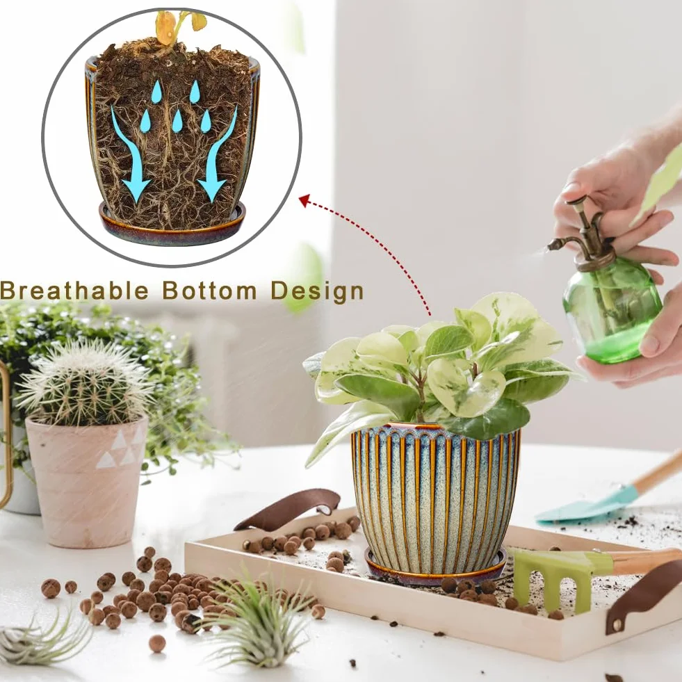 Oairse Zestaw 2 ceramicznych doniczek na rośliny, 13 cm, 15 cm, brązowa, ceramiczna donica z otworami drenażowymi i spodkami, dekoracyjne doniczki w paski, do wnętrz, nowoczesne doniczki na sukulenty,
