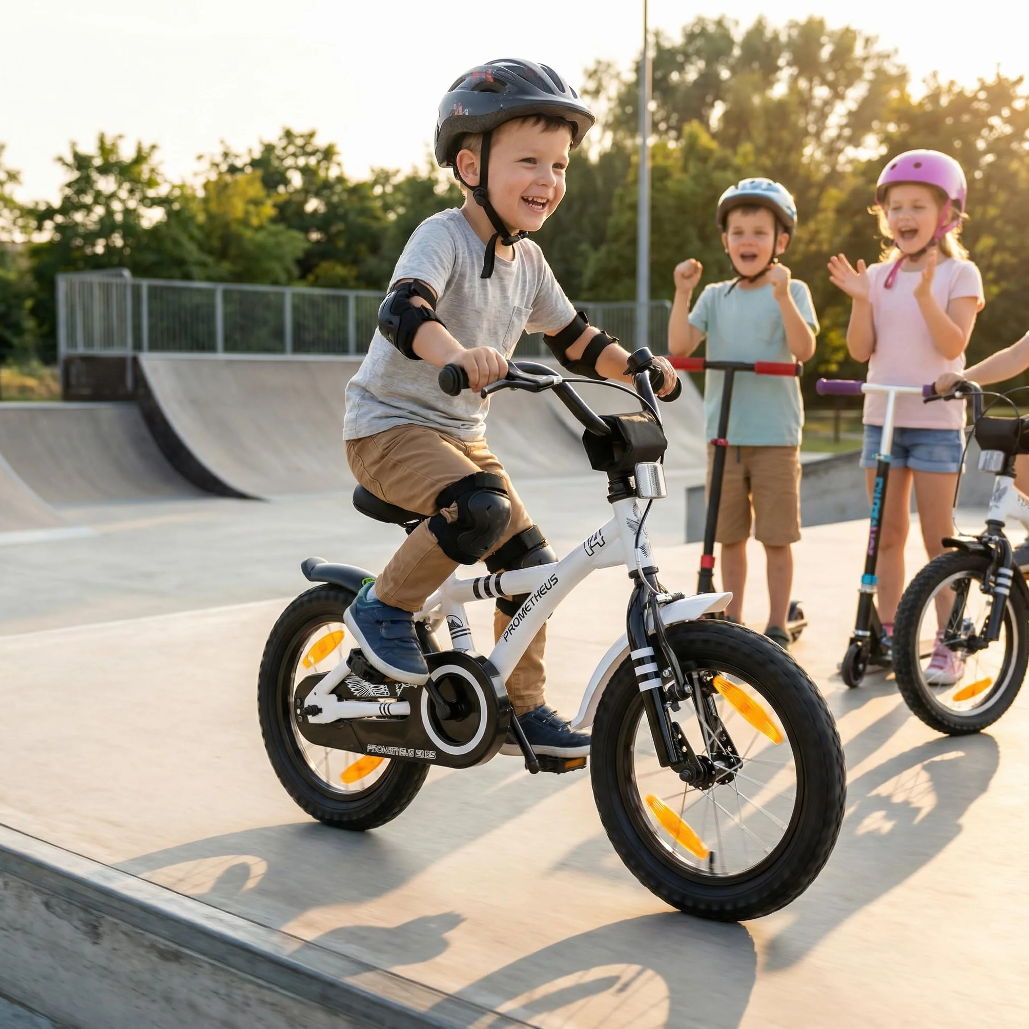 PROMETHEUS BICYCLES Rower dziecięcy 14 cali od 4 lat – rower dziecięcy, dla dziewcząt, chłopców, z kółkami podporowymi, hamulec nożny w kolorze białym