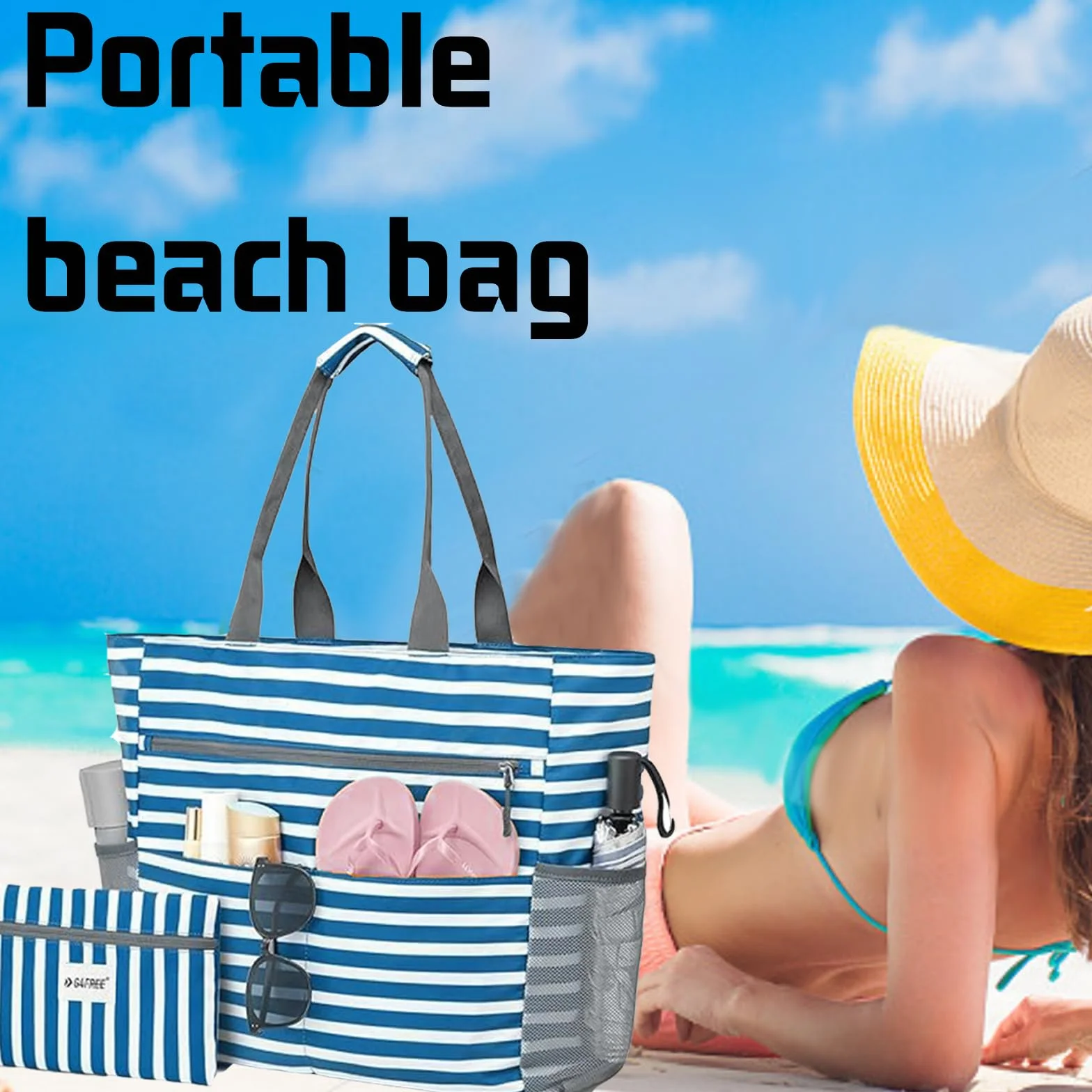 LUKIUP Torba plażowa XL z mini torbą kąpielową, czarna