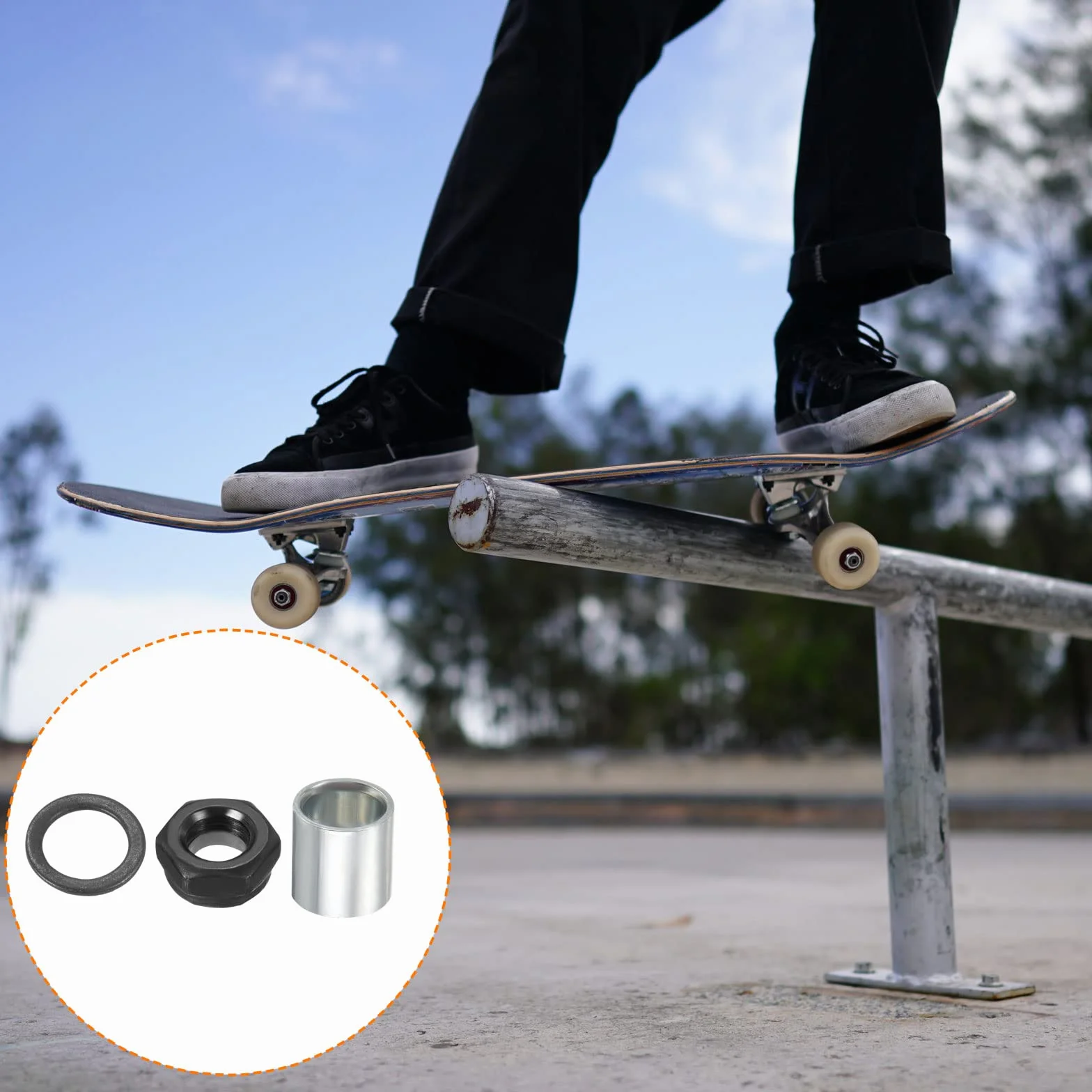 PATIKIL Zestaw osprzętu do ciężarówki deskorolka nakrętki blokujące podkładki osiowe pierścienie dystansowe zestaw naprawczy Longboard Cruiser srebrny czarny