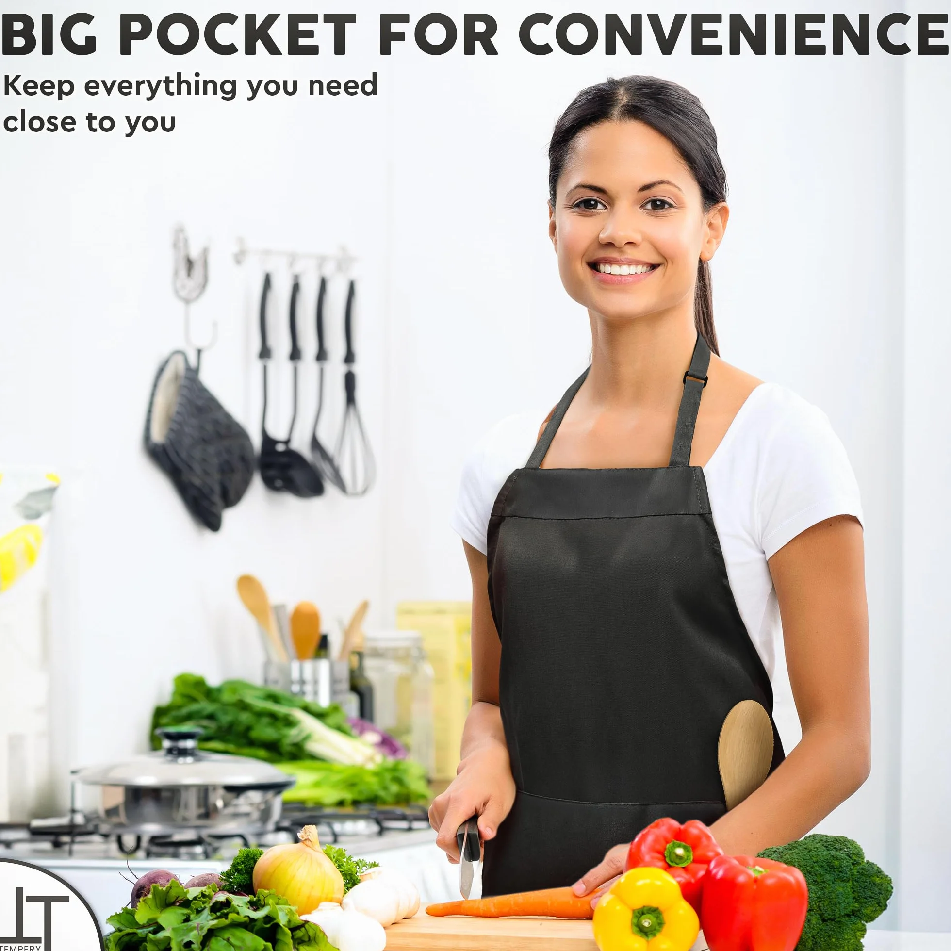Kitchen Apron for Men & Women - Adjustable Black Apron w/ 1 Large Pocket - 80% Polyester + 20% Cotton Apron for Cooking, Baking, Cleaning & More