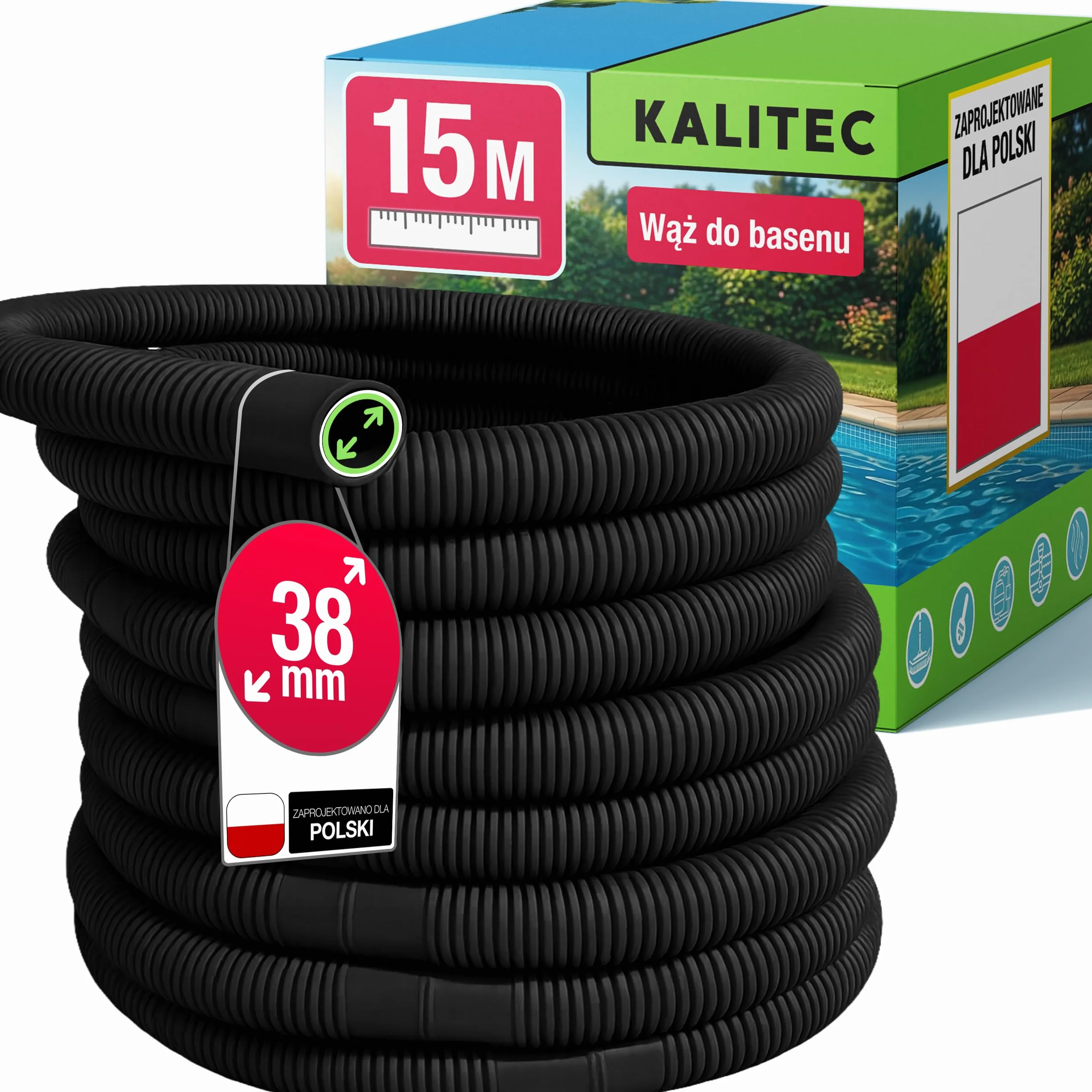 Kalitec Wąż basenowy 38mm 15m czarny – Elastyczny & rozłączny – Rura do pompy, Skimmer & filtra piaskowego – Wąż pompy 38 mm Średnica wewnętrzna