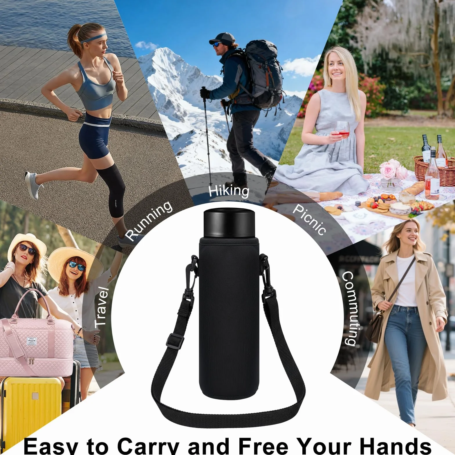 Neopren Wasserflaschenhülle 1L mit Gurt Thermohalter für Edelstahl und Plastikflaschen Schwarz