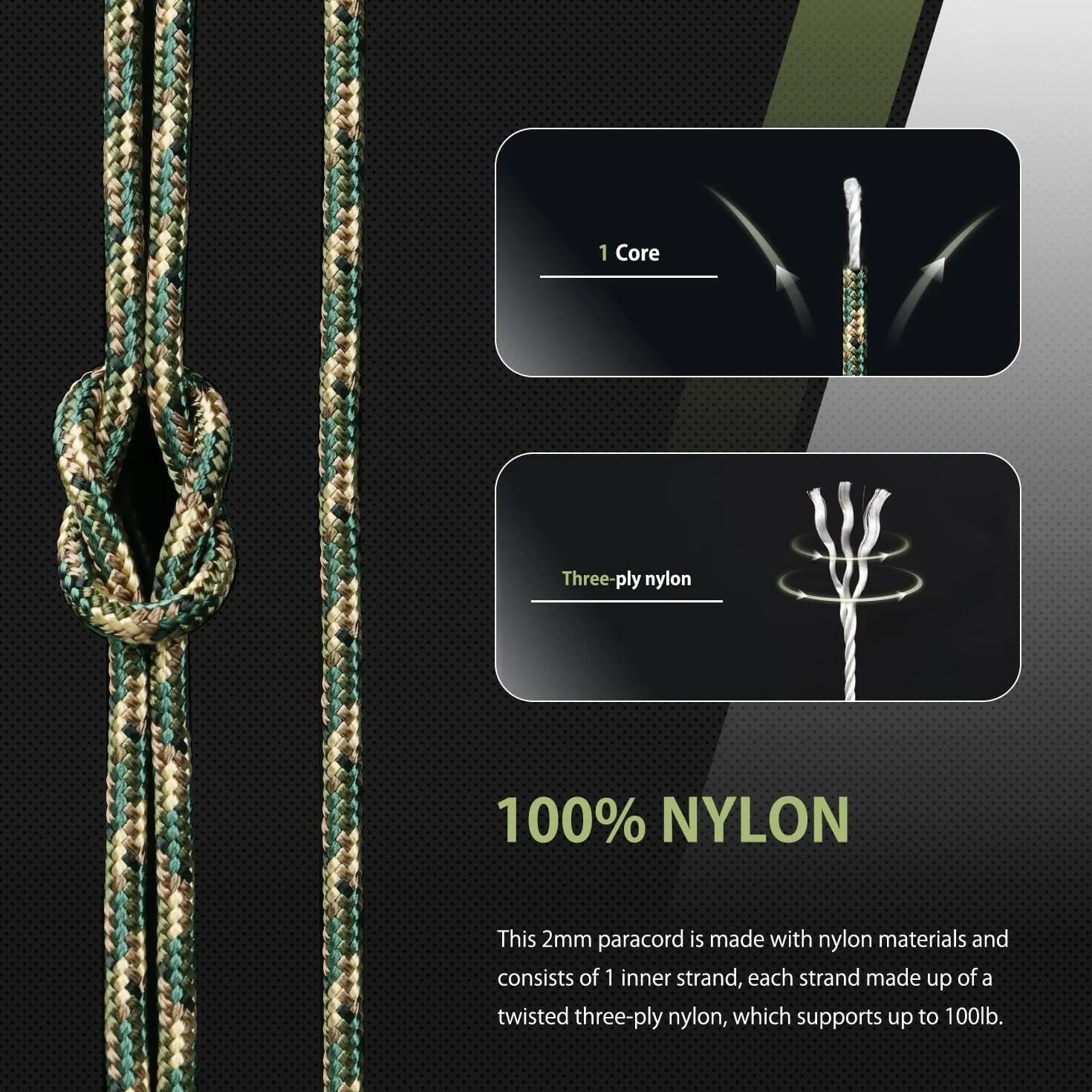 Abma Cord Paracord 2mm 15m 100% Nylonowego Sznurka 1 Strand Linka Spadochroniarska Typ I - Max. 45kg (100lbs) - Kamuflaż R