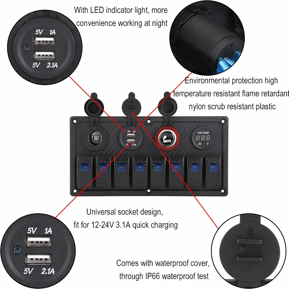 KIMISS 8-gangowy panel przełączników LED 12V/24V z woltomierzem, dual USB i gniazdem zapalniczki