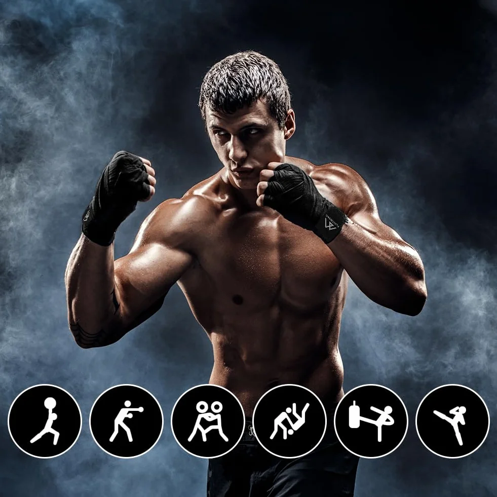 flintronic Rękawice wewnętrzne, bandaże do sztuk walki, 2,5 m, elastyczne bandaże na kciuk, do MMA, treningu, muay thai, kickboxingu i sportów walki, czarne