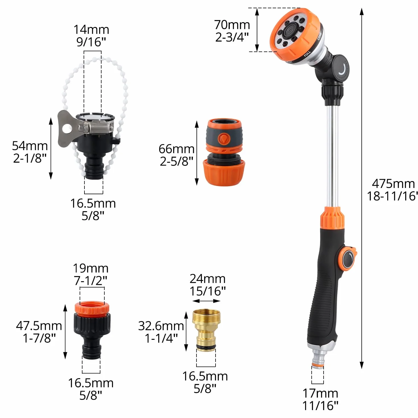 QWORK® Prysznic ogrodowy 47 cm z 8 wzorami strumienia, słuchawka prysznicowa, zawiera 2 przyłącza węża i 3 przyłącza kranu, pistolet natryskowy do nawadniania, mycia samochodu, prysznica zwierząt i