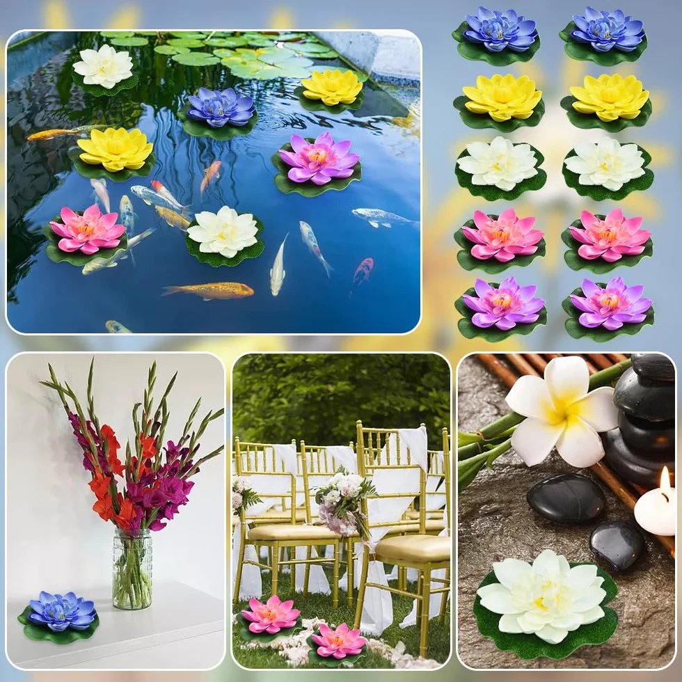 10 szt. sztucznych lilii wodnych, 10 cm, pływające kwiaty, lilie wodne, sztuczne kwiaty, kwiat lotosu, sztuczny lotus, dekoracja stawu ogrodowego, 5 kolorów