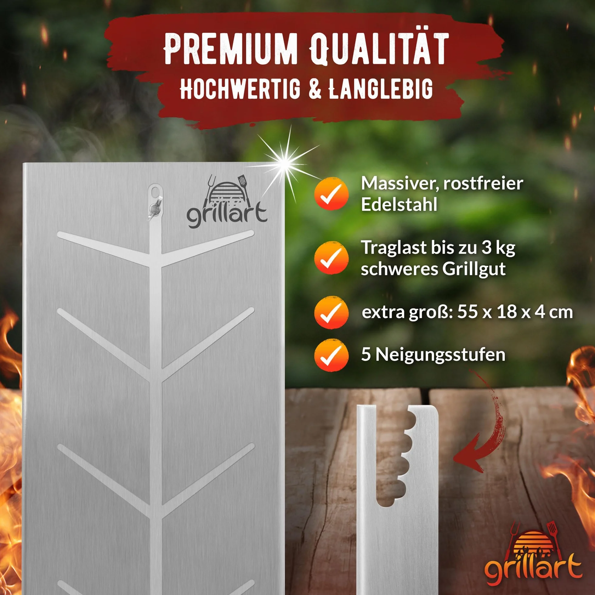 grillart® Deska do wędzenia łososia premium z uchwytem ze stali nierdzewnej (stal nierdzewna)