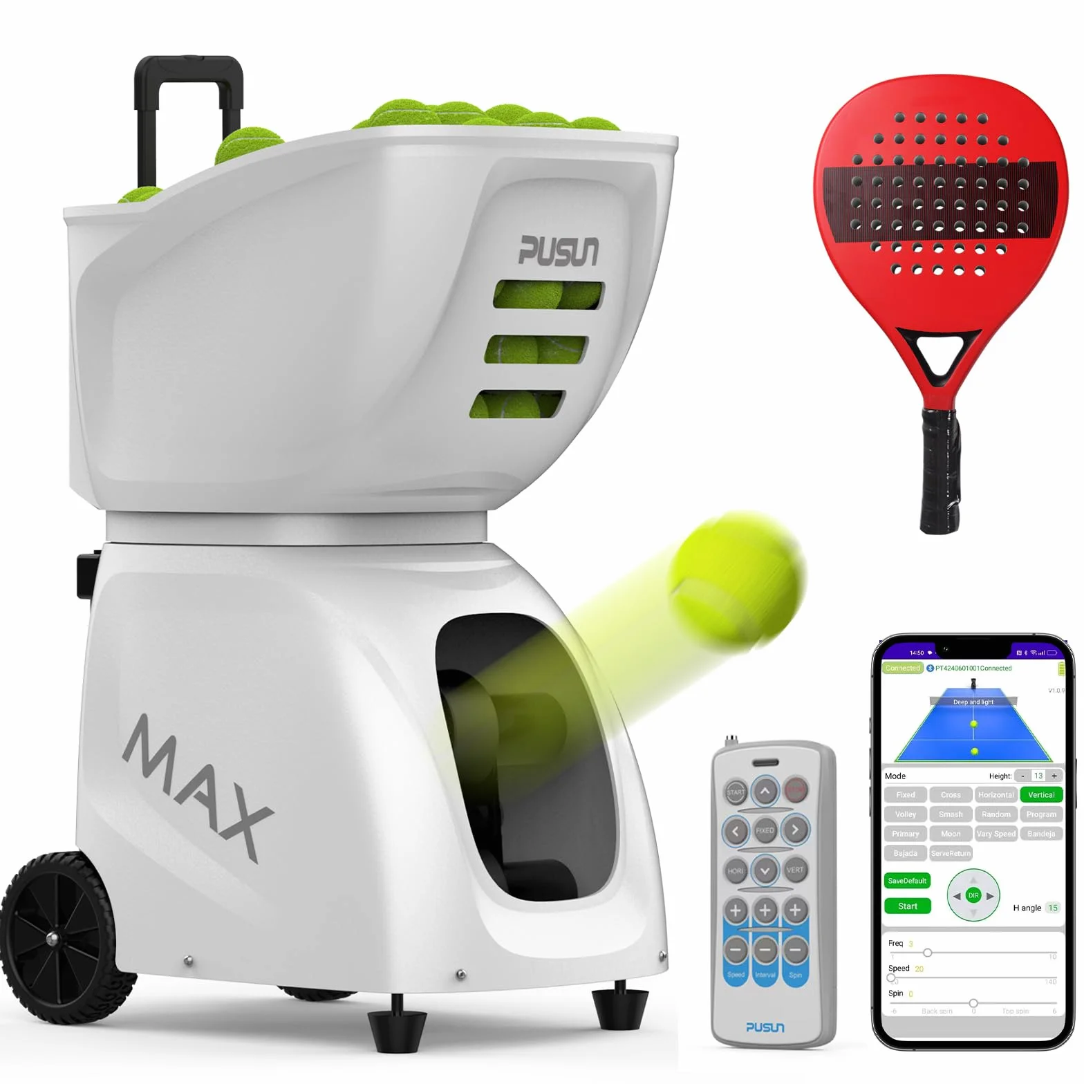 PT-MAX C Professional Padel Ball Machine przenośna automatyczna wyrzutnia piłek z inteligentnym sterowaniem aplikacją, idealna do treningu solo, treningu klubowego i profesjonalnego coachingu | Sprzęt