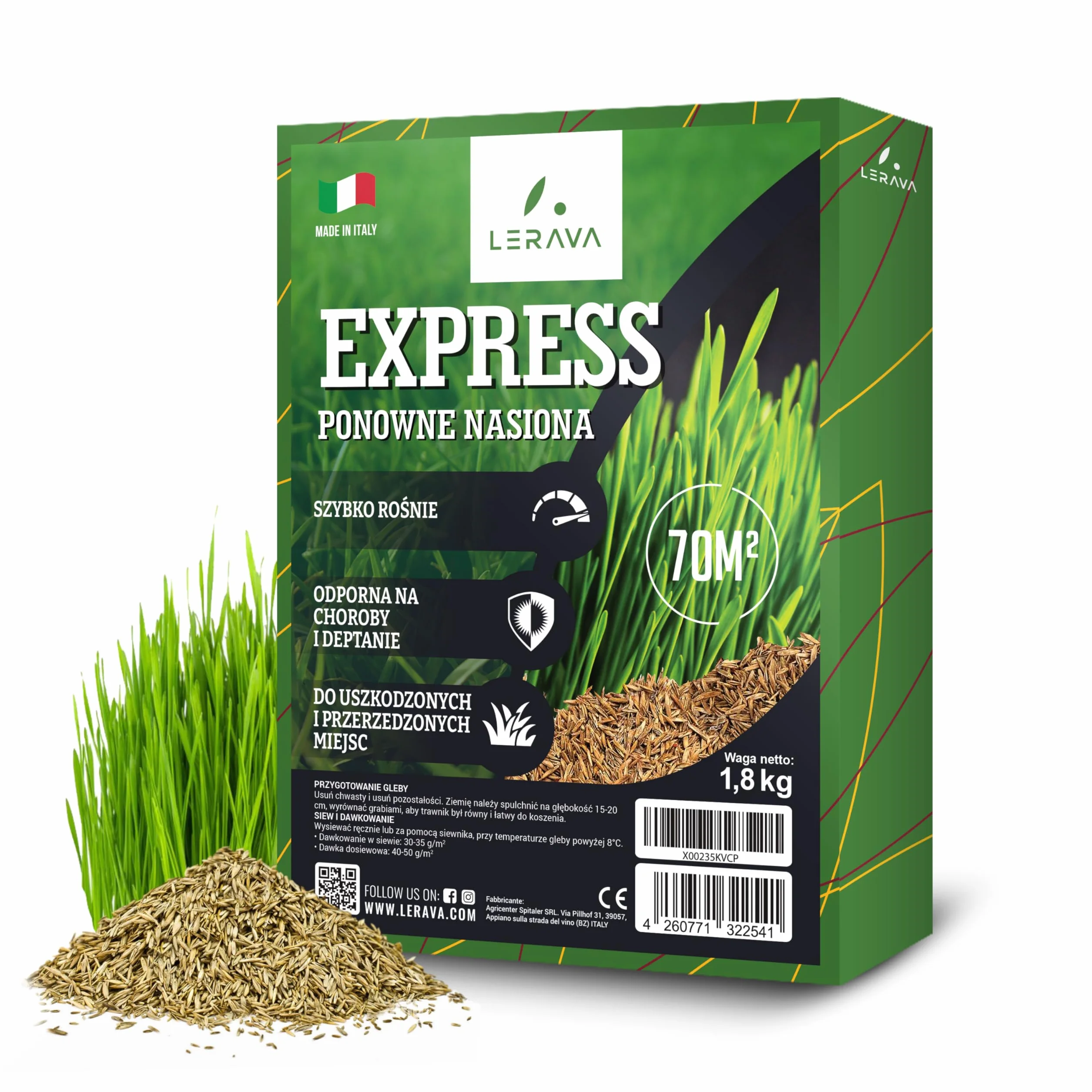 LERAVA® EXPRESS nasiona trawy (70m²) - szybki wzrost i odporność na deptanie - trawa regeneracyjna do ogrodów słonecznych i półcienistych - odporna na suszę - jakość Made in Italy - 1,8 kg