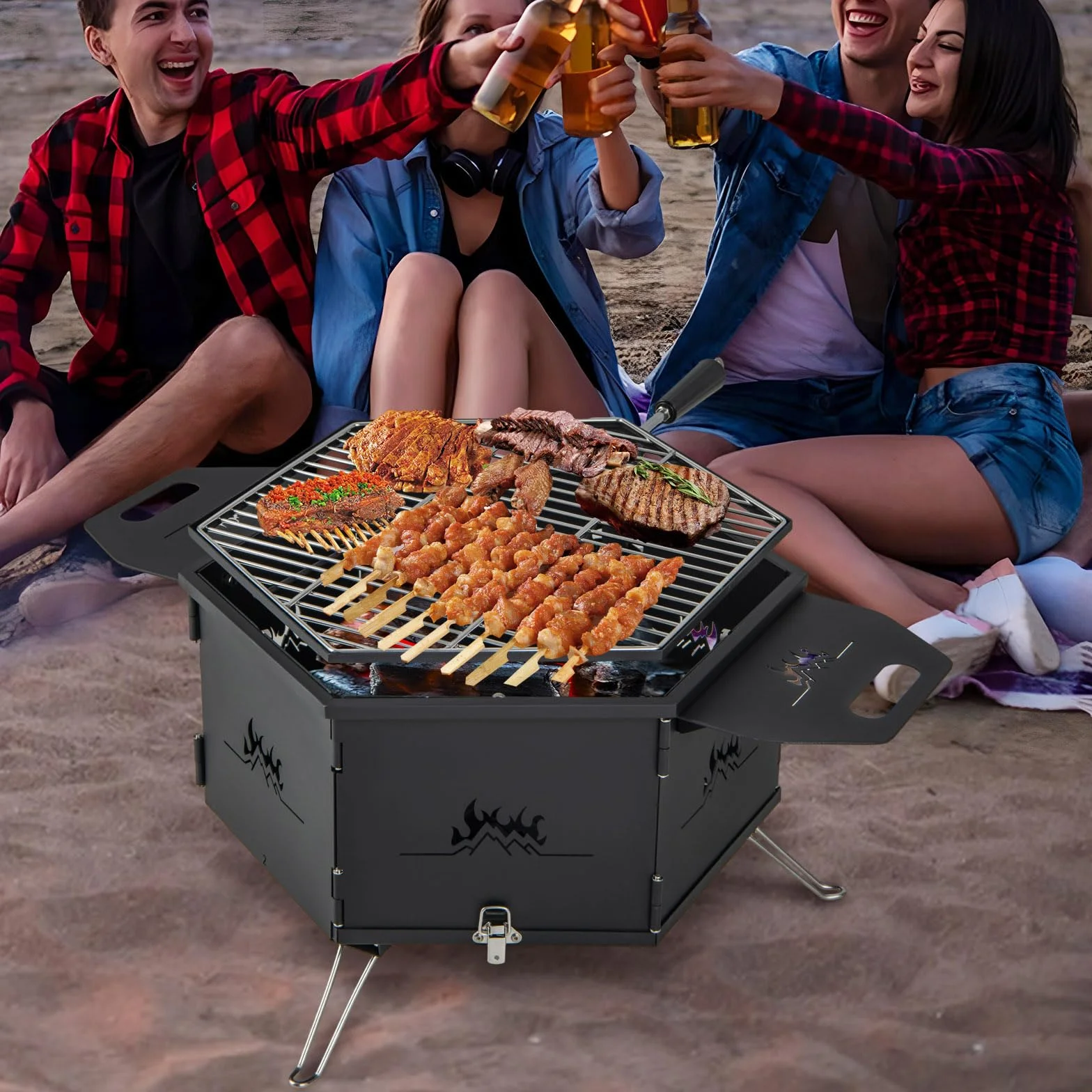 COSTWAY Duży grill na węgiel drzewny, obracany o 360°, palenisko 2 w 1, składany grill, grill kempingowy z uchwytami do gotowania i ogrzewania, na imprezy, kemping, wędrówki z plecakiem, 77 x 74 x 38