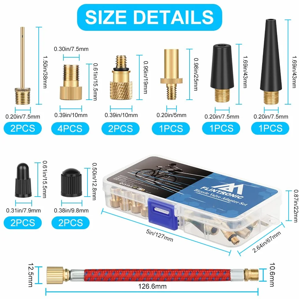 flintronic Adapter do wentyla rowerowego 21 szt., adapter do pompki rowerowej, adapter wentyla rowerowego DV/SV/AV, do sprężarki rowerowej, do pompki kulowej, do pompy powietrza