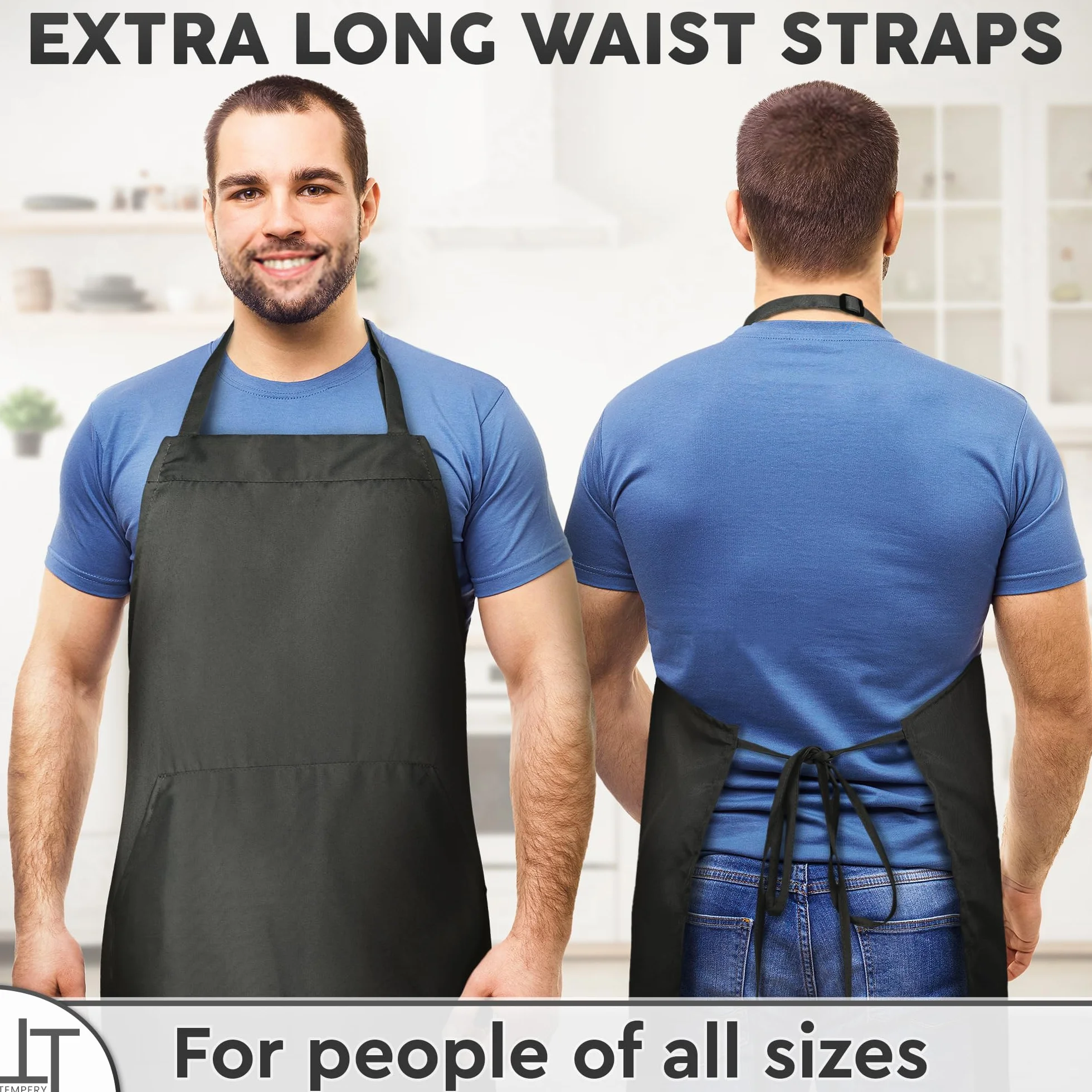 Kitchen Apron for Men & Women - Adjustable Black Apron w/ 1 Large Pocket - 80% Polyester + 20% Cotton Apron for Cooking, Baking, Cleaning & More