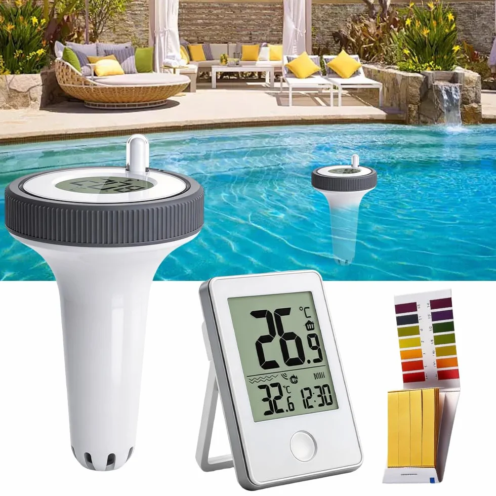 Bezprzewodowy termometr do basenu, SGZIOO Termometr do basenu, z zewnętrzną temperaturą LCD, zasięg do 60 m, wodoszczelność IP67, do akwarium, spa, staw rybny