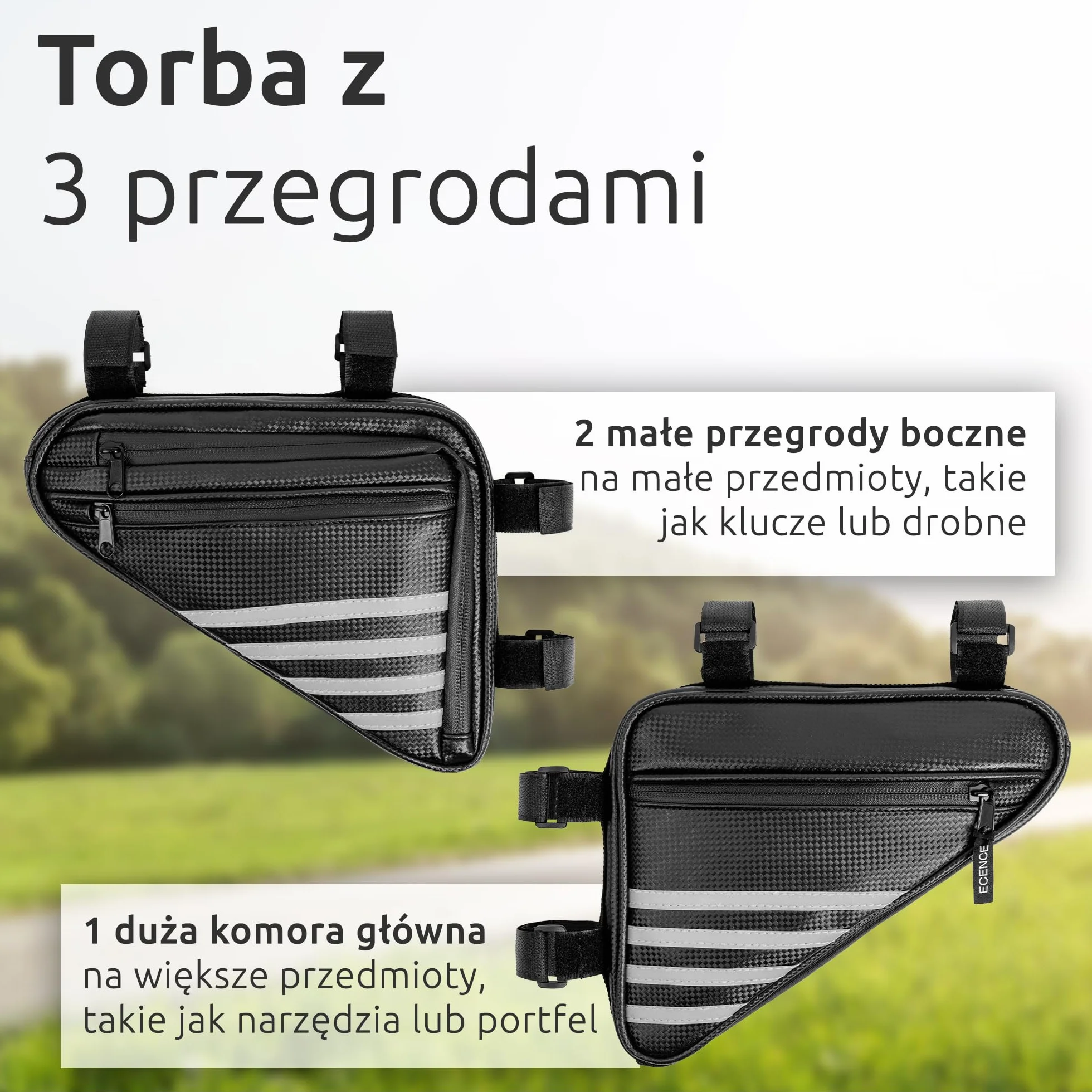 ECENCE Torba na ramę roweru hydrofobowa Torba trójkątna łatwe mocowanie za pomocą rzepów torba rowerowa Czarna