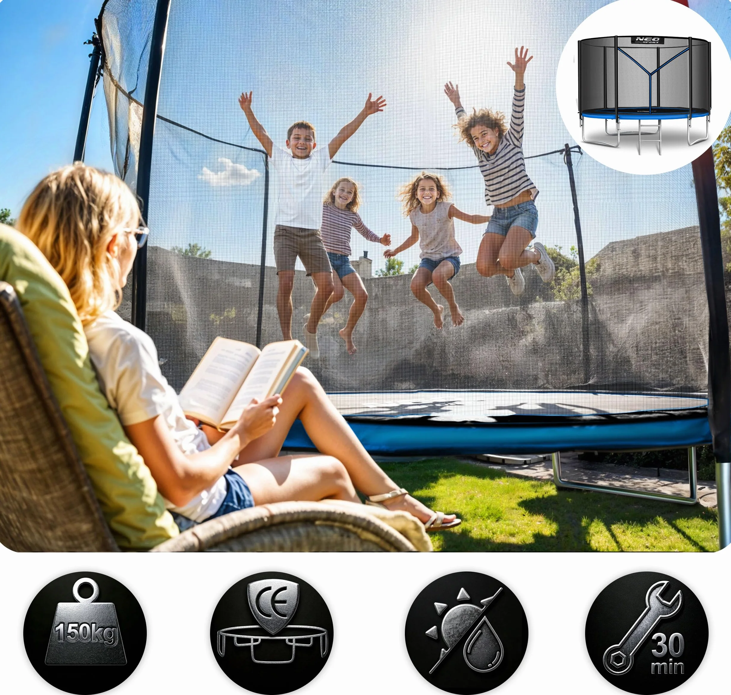 Neo-Sport Trampolina Ogrodowa Dla Dzieci Z Zewnętrzną Siatką Zabezpieczającą Drabinką 183 cm 6 ft Czarny Niebieski